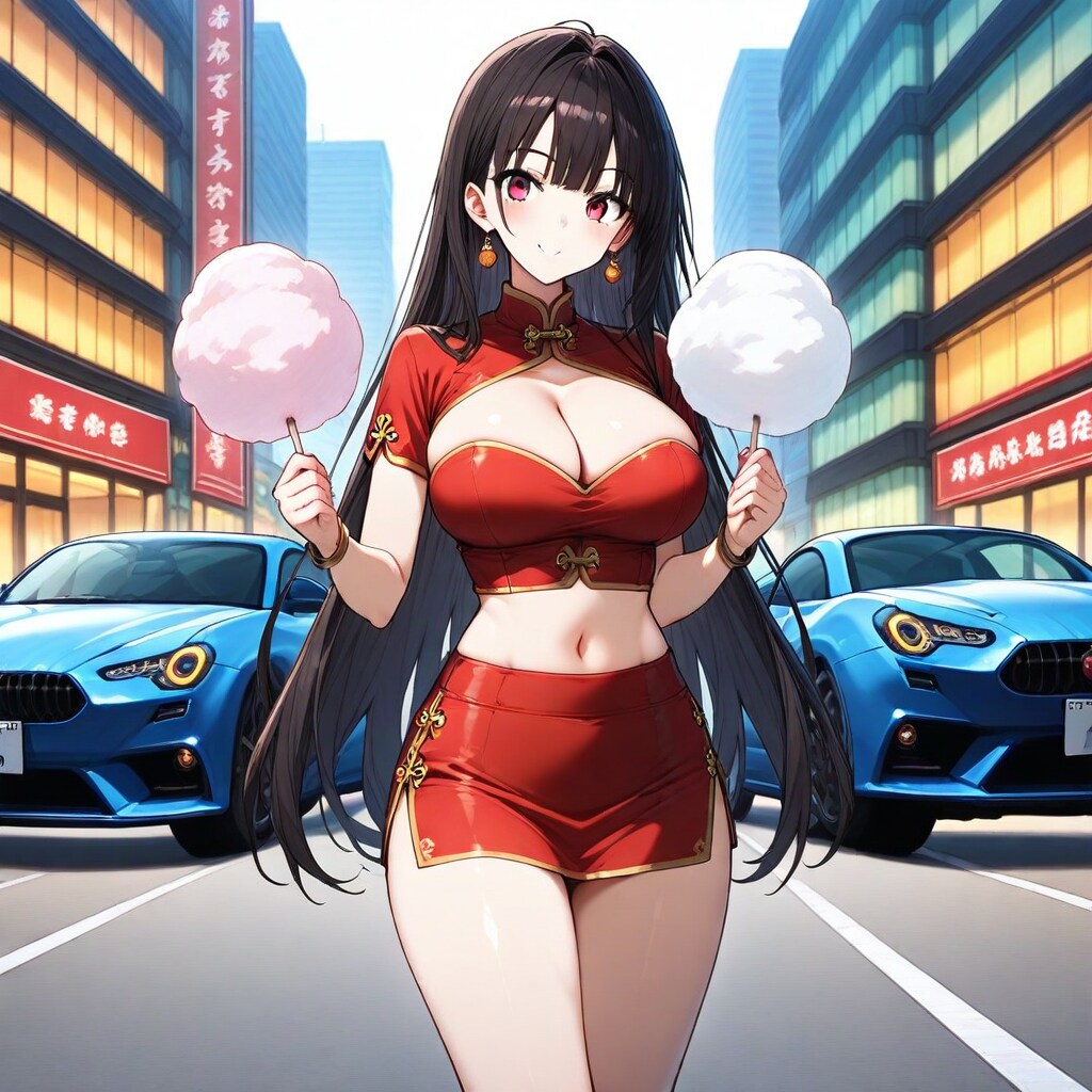 チャイナドレスの美少女と綿あめ