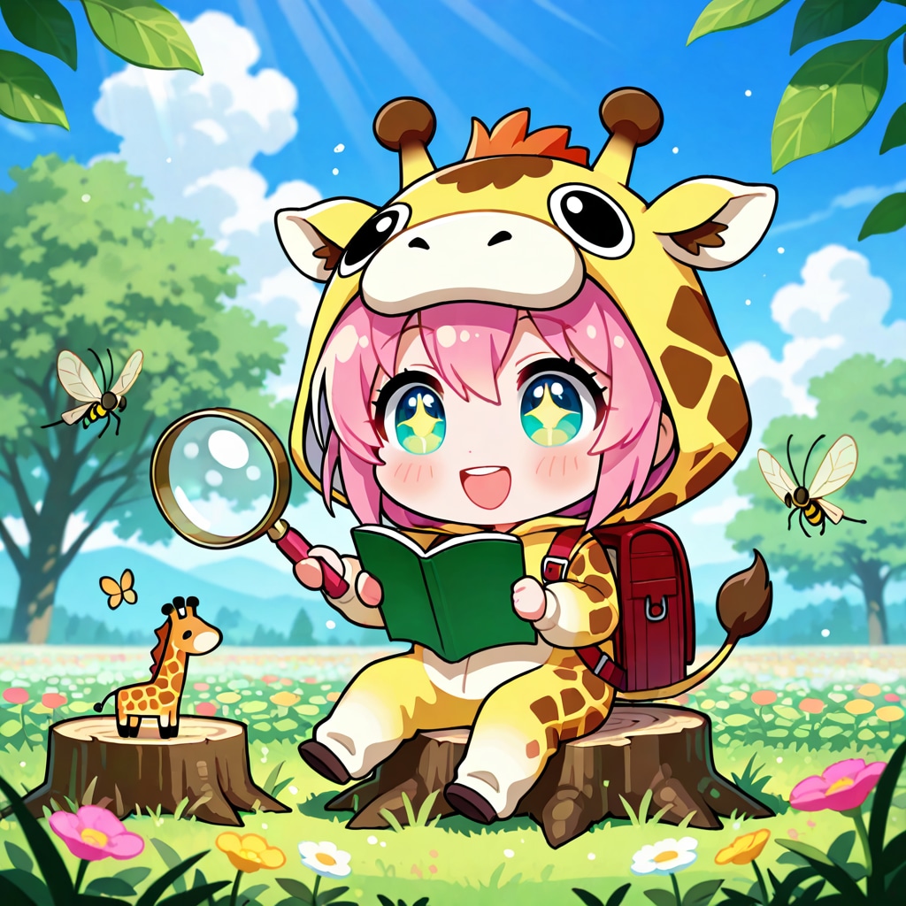 虫の日にお外で観察するキリン着ぐるみちび子ちゃん