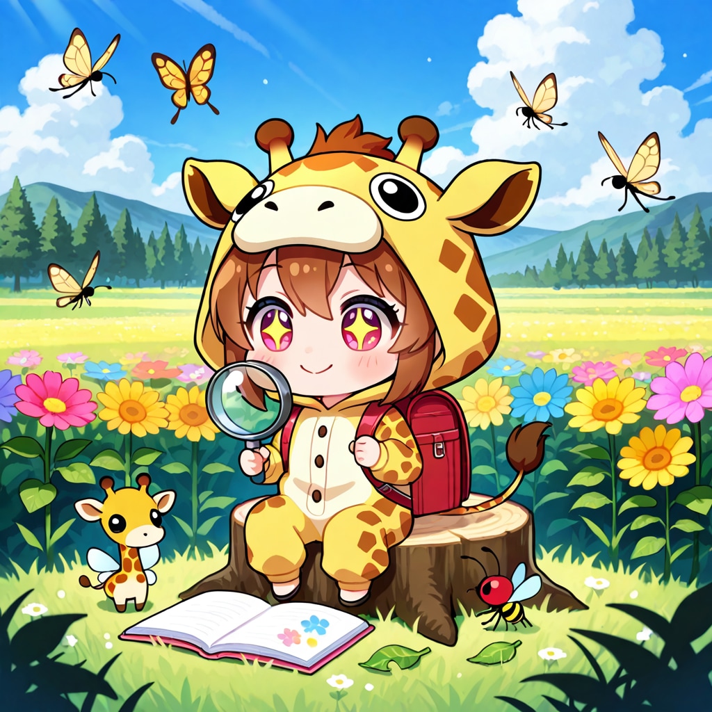 虫の日にお外で観察するキリン着ぐるみちび子ちゃん