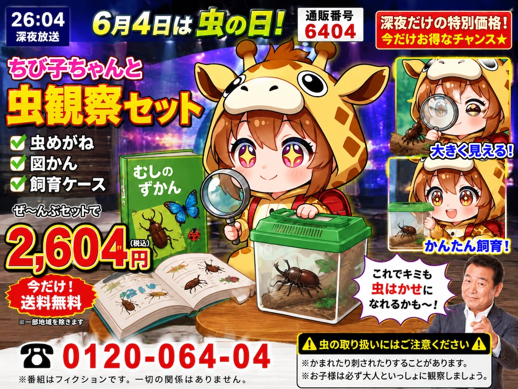 虫の日にお外で観察するキリン着ぐるみちび子ちゃん