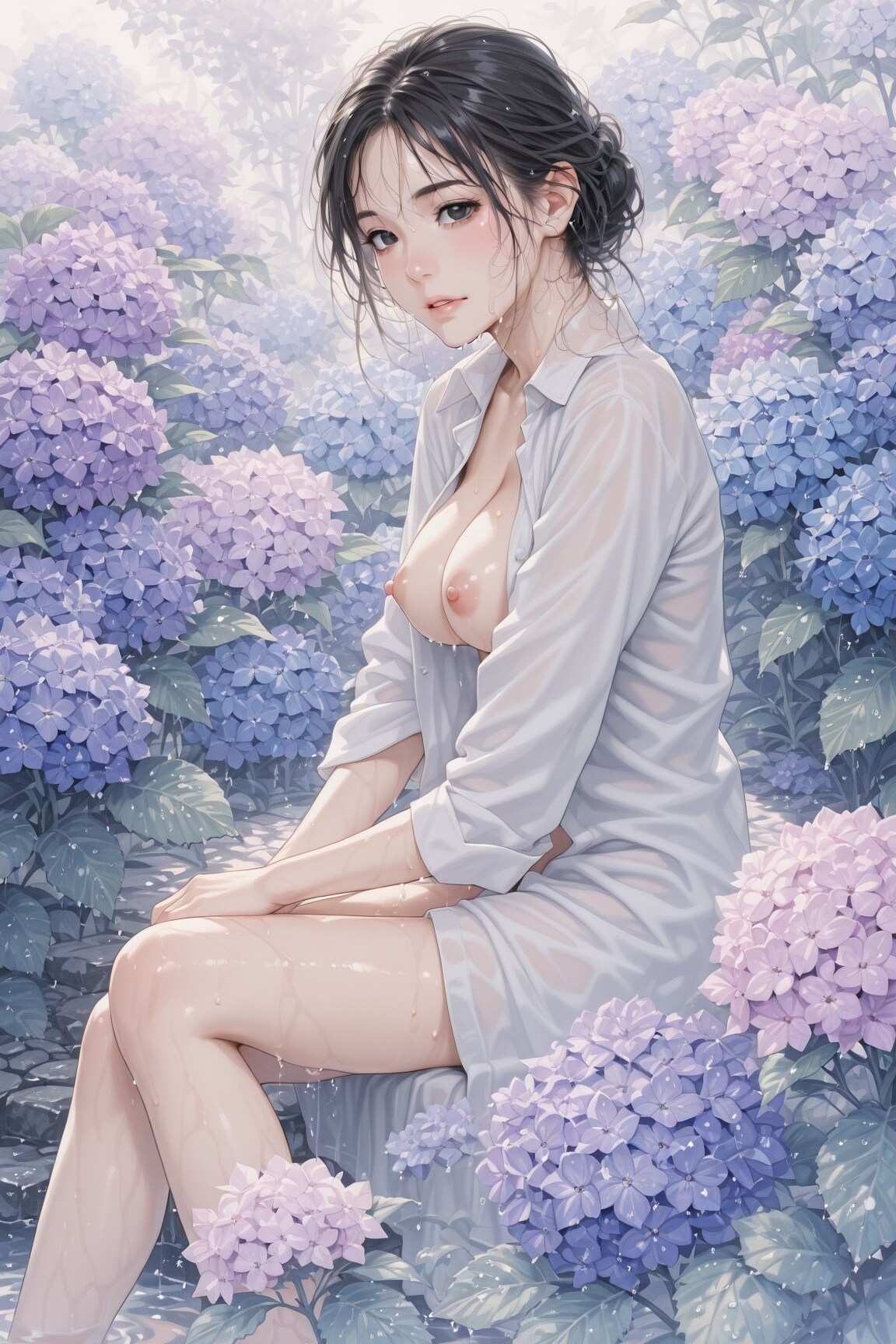 雨中の紫陽花にて
