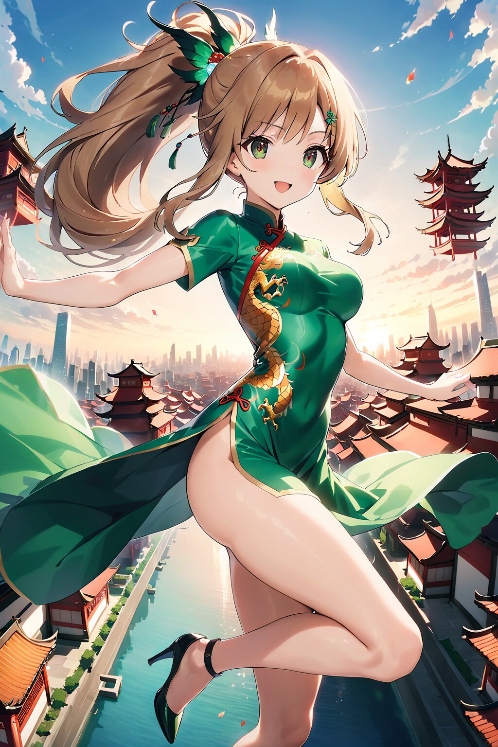 宙に舞う翠チャイナドレス娘