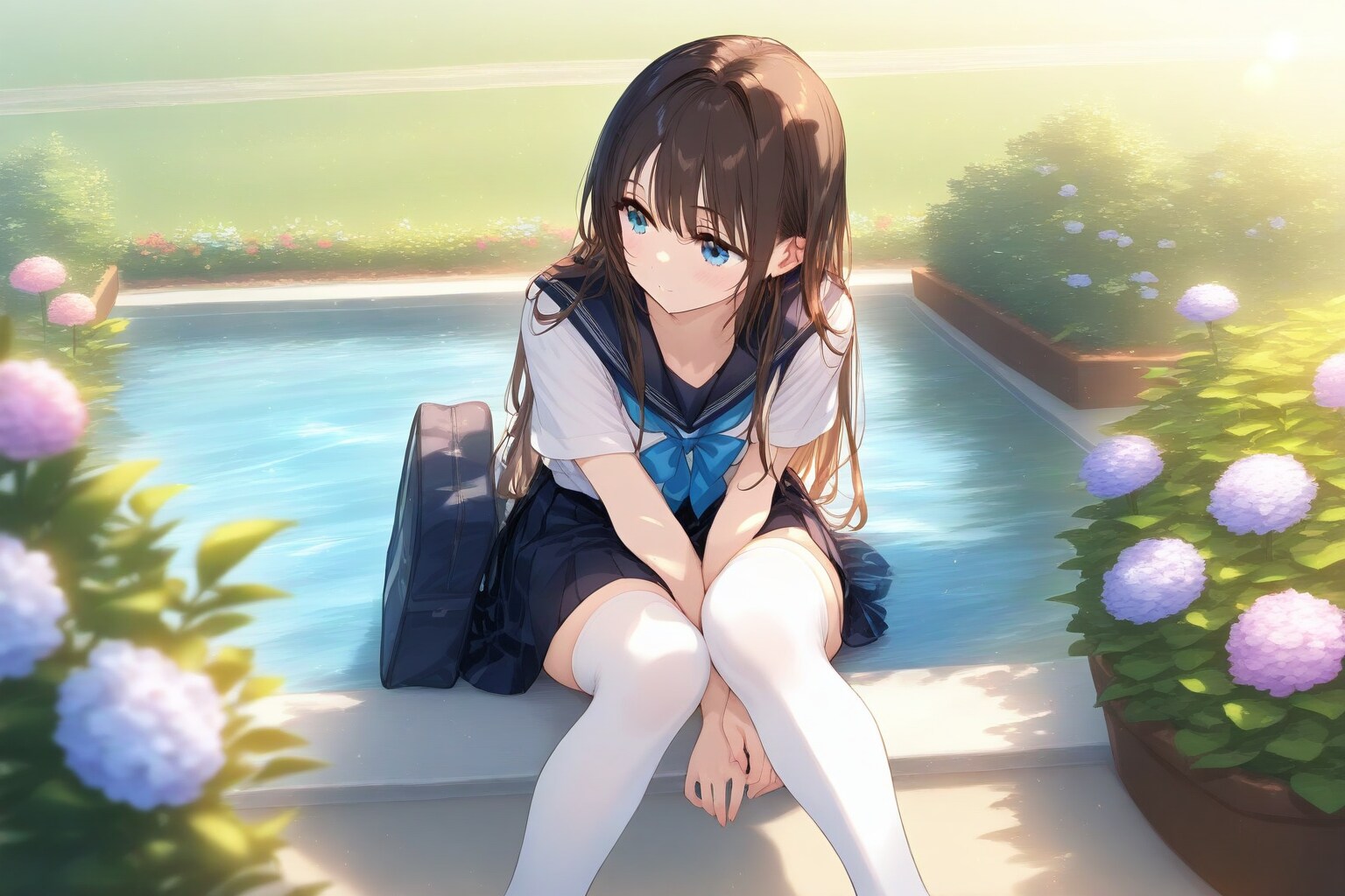 池と花壇と少女