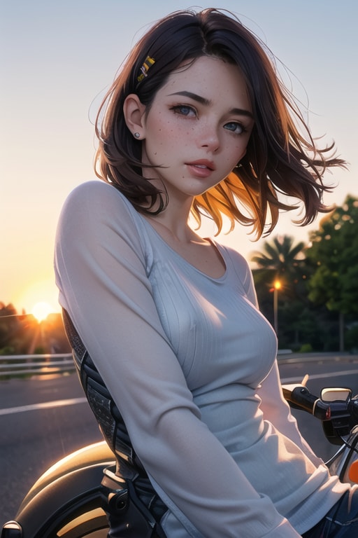 夕日とバイク女子