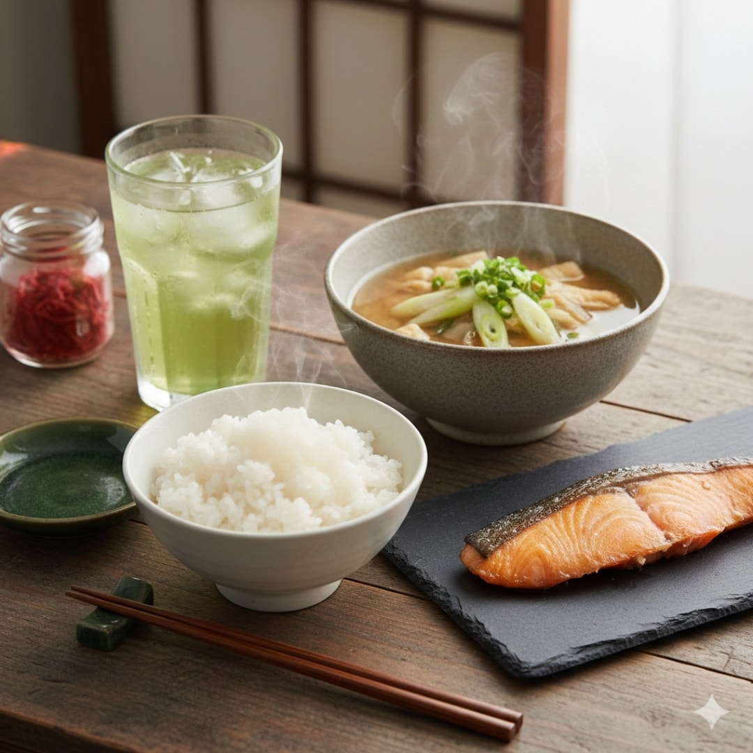 【朝食】白米、焼鮭、長ネギと油揚げの味噌汁、緑茶 | の人気AIイラスト・グラビア