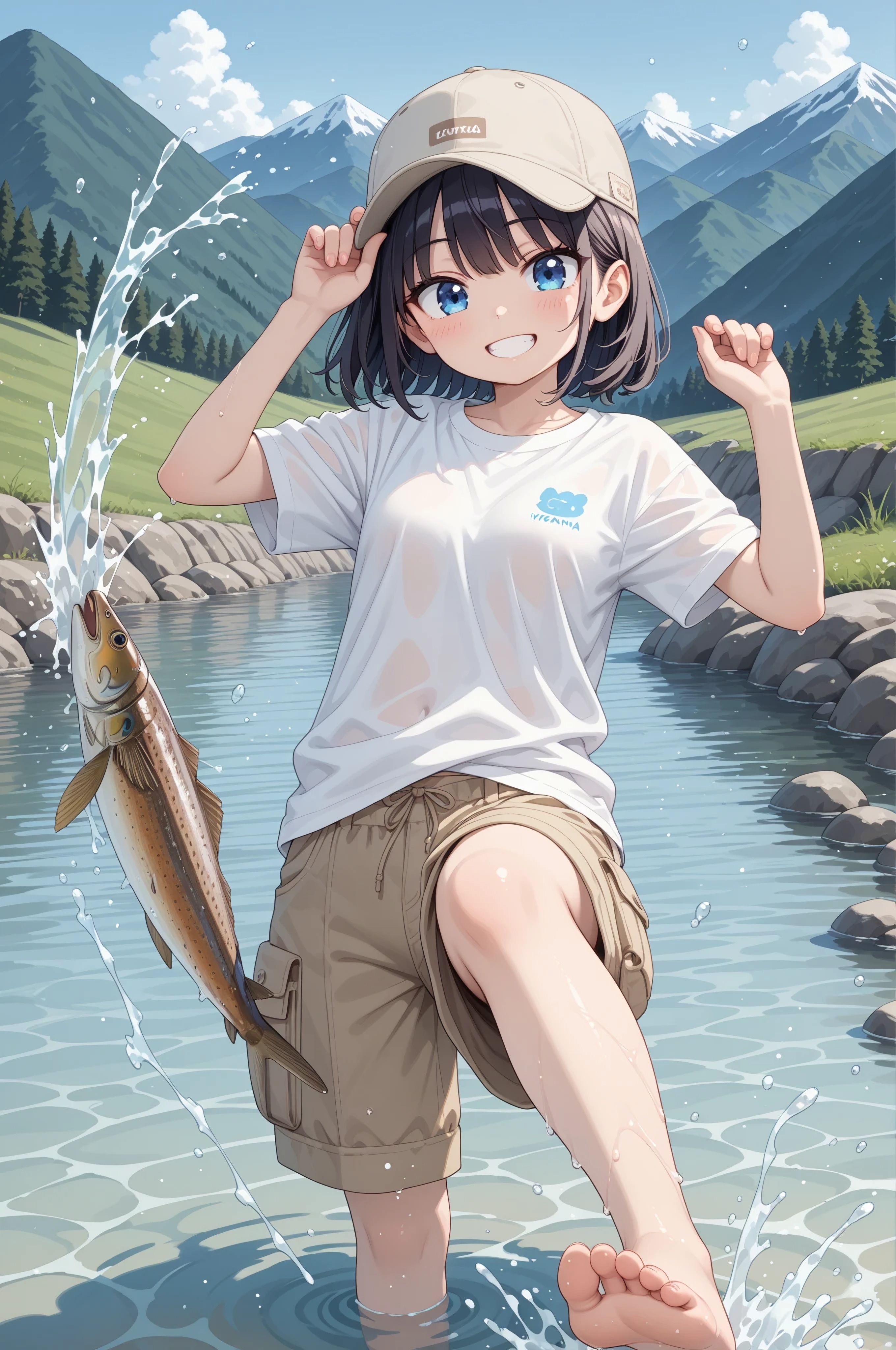 驚いて跳び出すイワナ