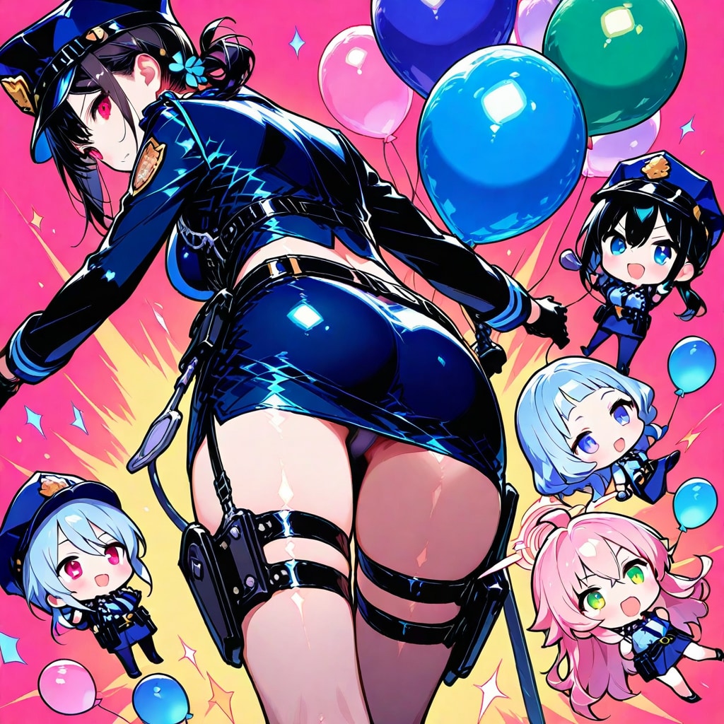 いっぱい風船を持つ黒髪お団子ヘアの警察官の美女。