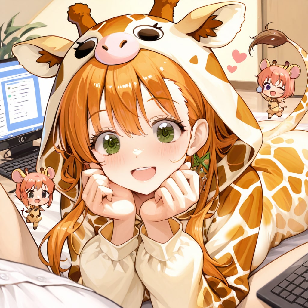 パソコンとキリン着ぐるみお姉さんとちび子ちゃんたち | の人気AIイラスト・グラビア