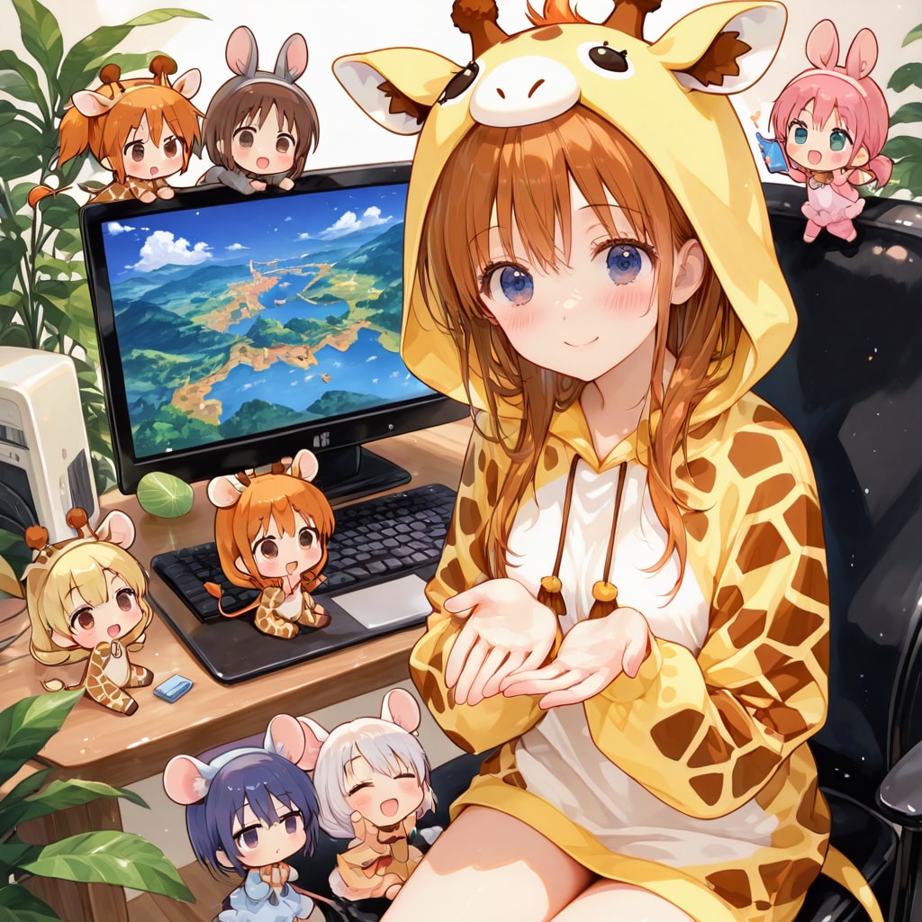 パソコンとキリン着ぐるみお姉さんとちび子ちゃんたち