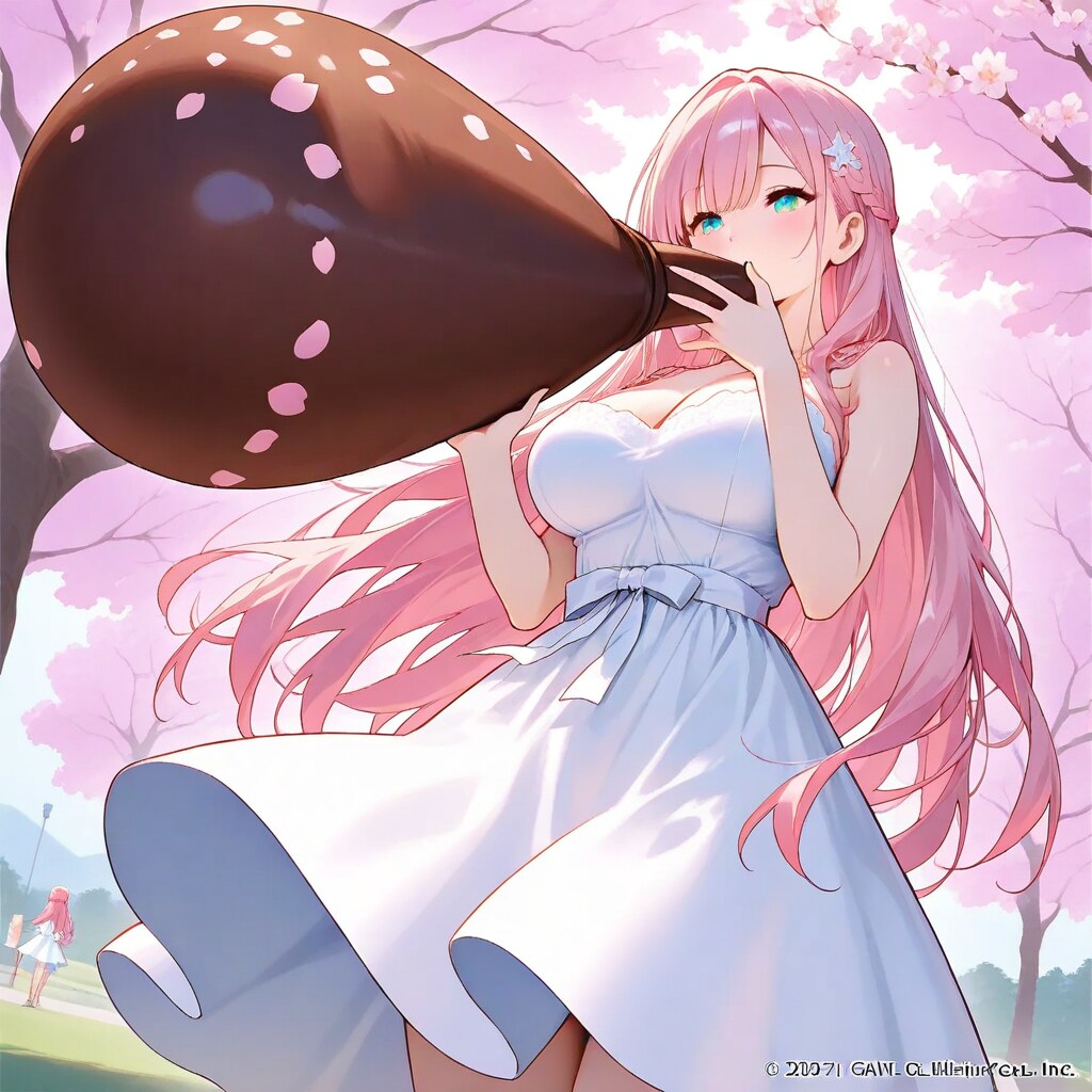 お花見の公園で風船を膨らませて遊ぶピンク髪の美女 | の人気AIイラスト・グラビア