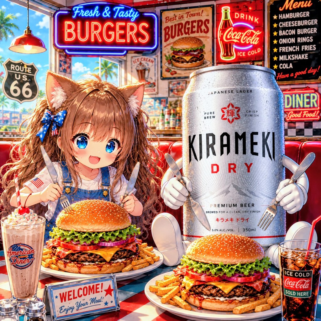 アメリカンなハンバーガーを食べる小さな女の子