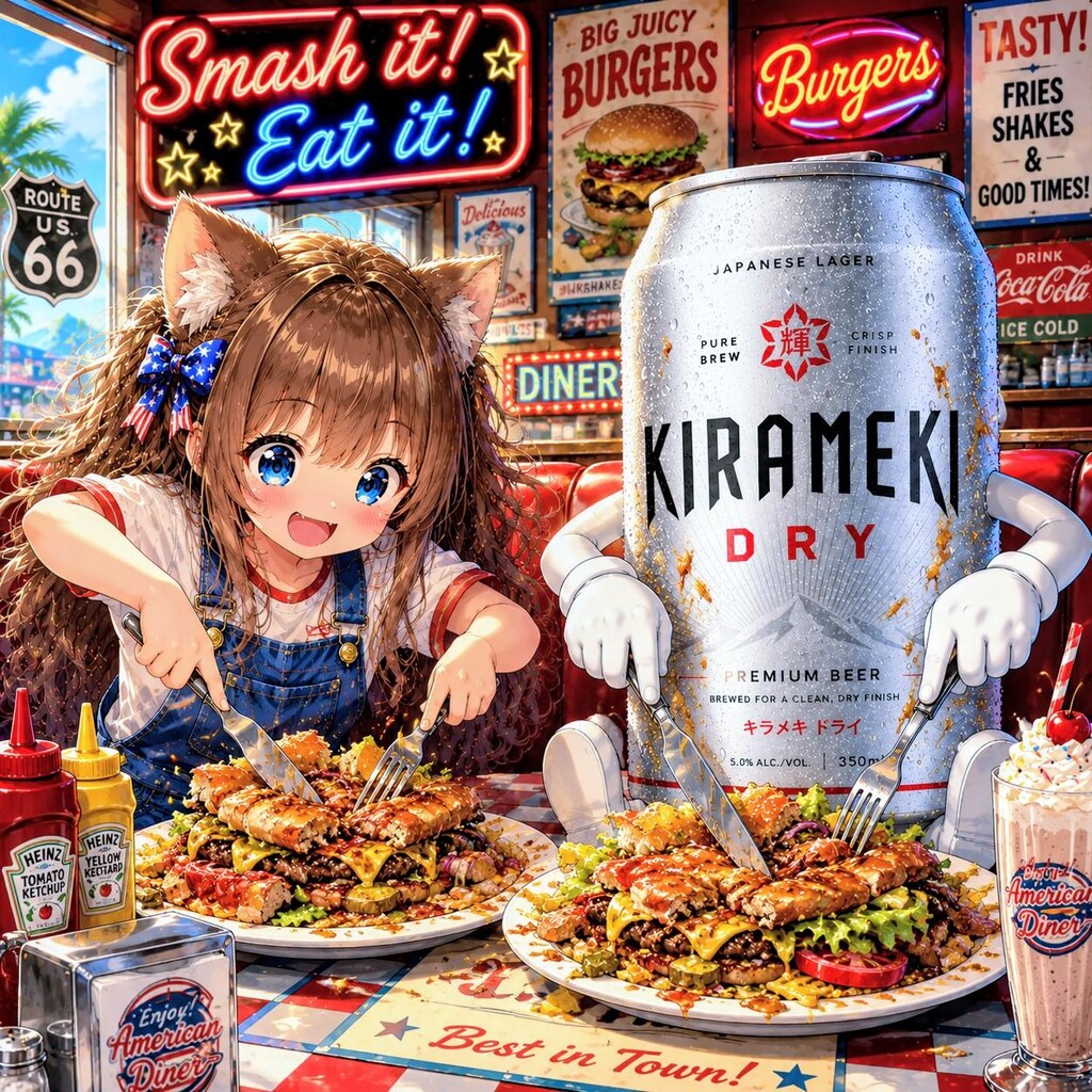 アメリカンなハンバーガーを食べる小さな女の子