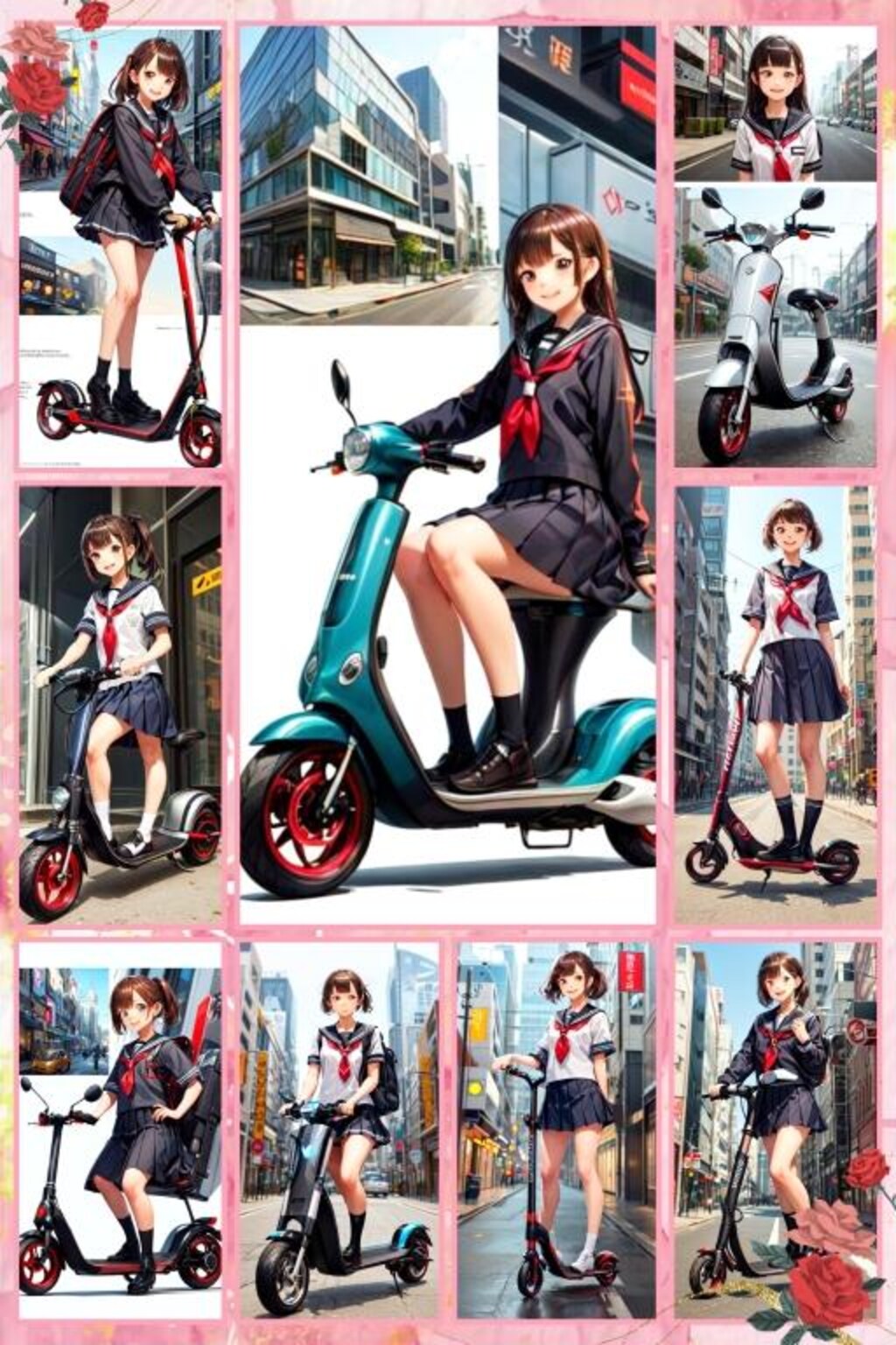 セーラー服と電動キックボード　コラージュ