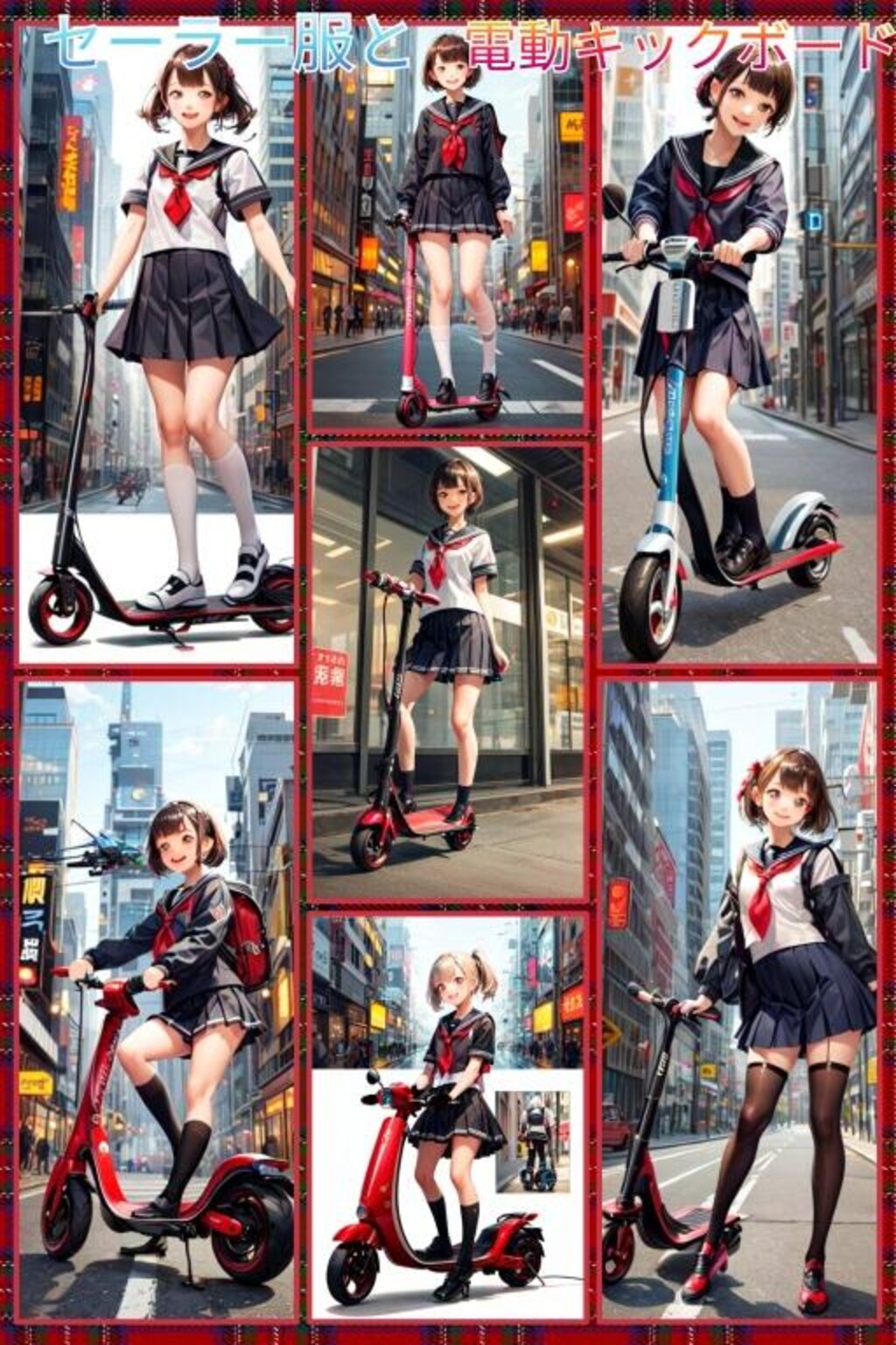 セーラー服と電動キックボード　コラージュ