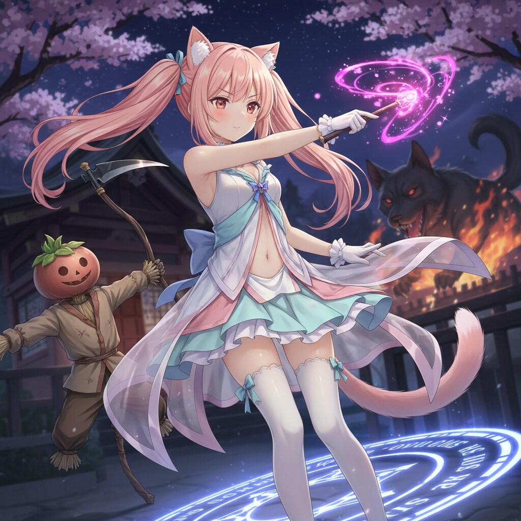ももツイにゃん。夜桜案山子