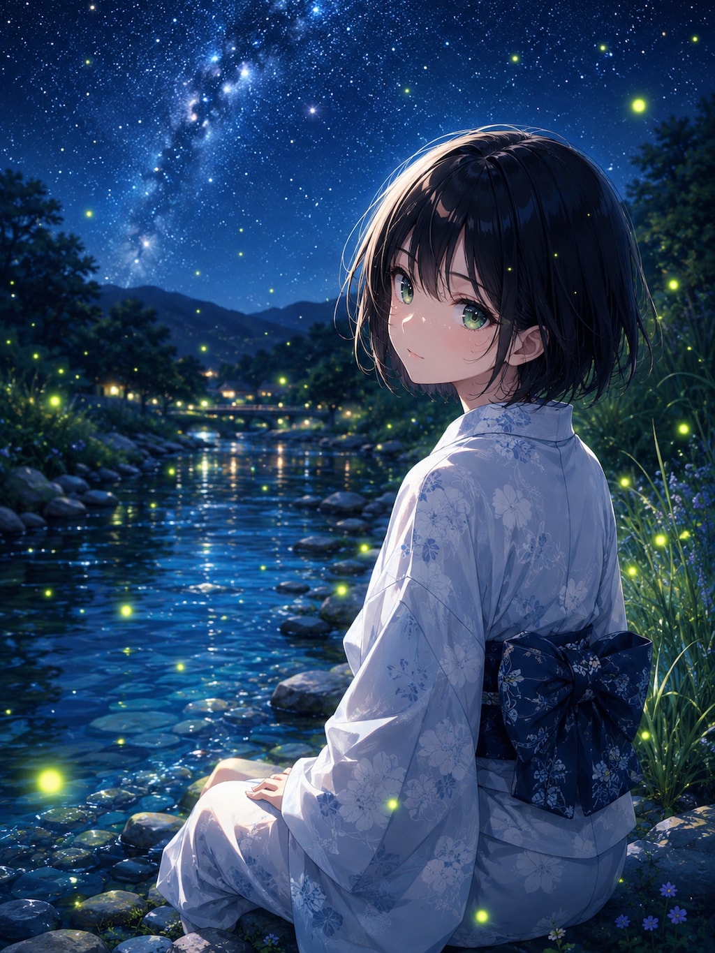 少女と星空と蛍