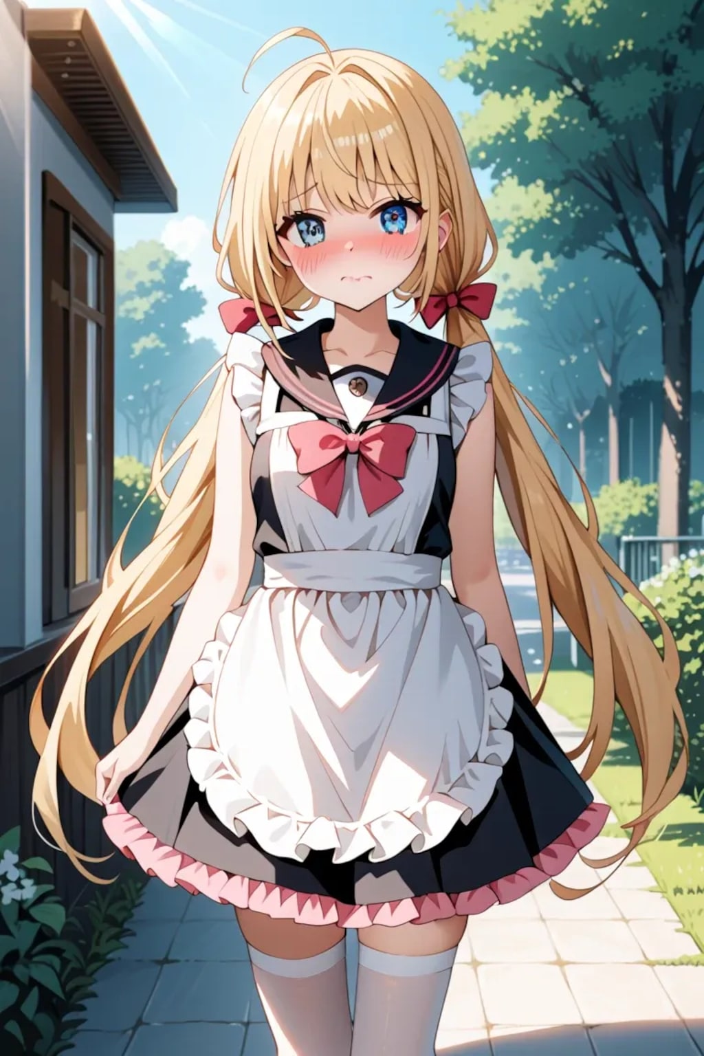 「べ、別に…メイド服で歩いてるだけなんだから！ ……見てないでよ///」金髪ツインテメイド莉奈のツン顔❤️