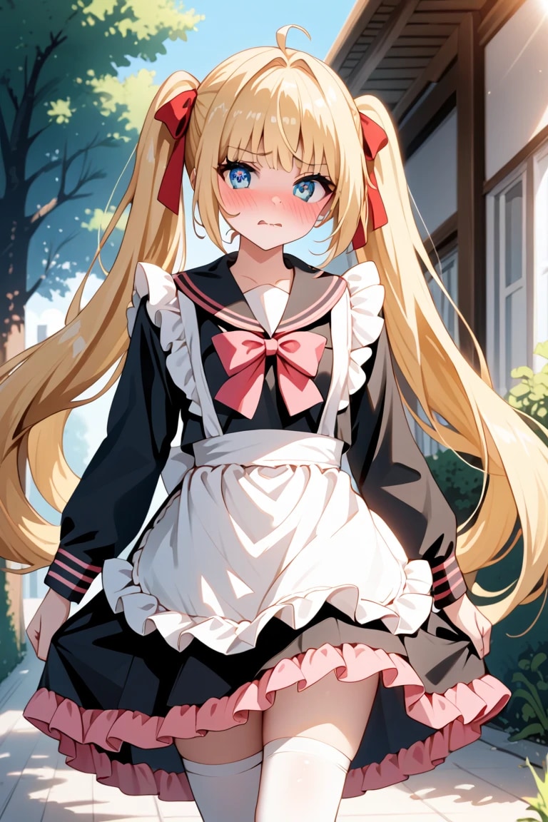 「べ、別に…メイド服で歩いてるだけなんだから！ ……見てないでよ///」金髪ツインテメイド莉奈のツン顔❤️ | の人気AIイラスト・グラビア