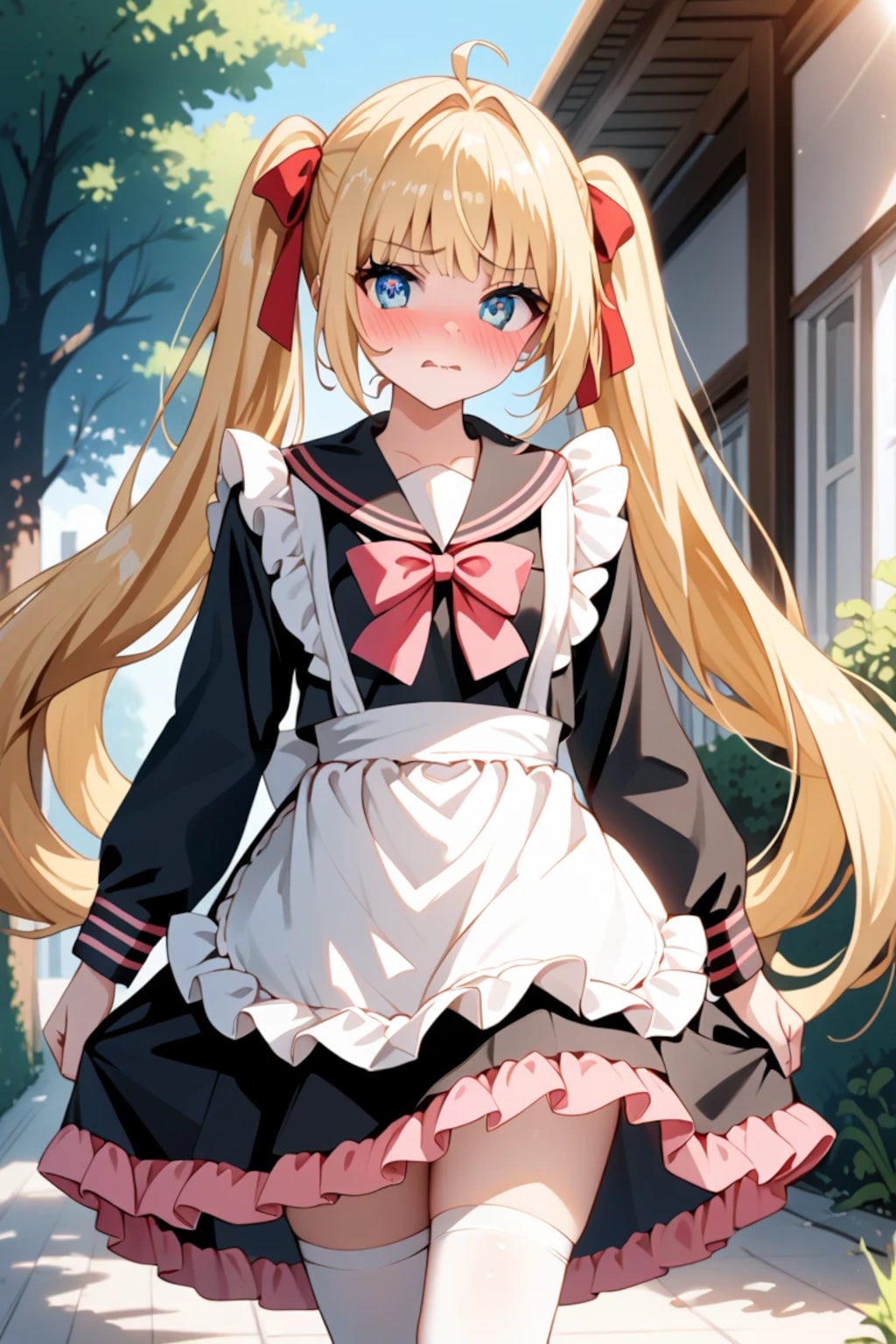 「べ、別に…メイド服で歩いてるだけなんだから！ ……見てないでよ///」金髪ツインテメイド莉奈のツン顔❤️