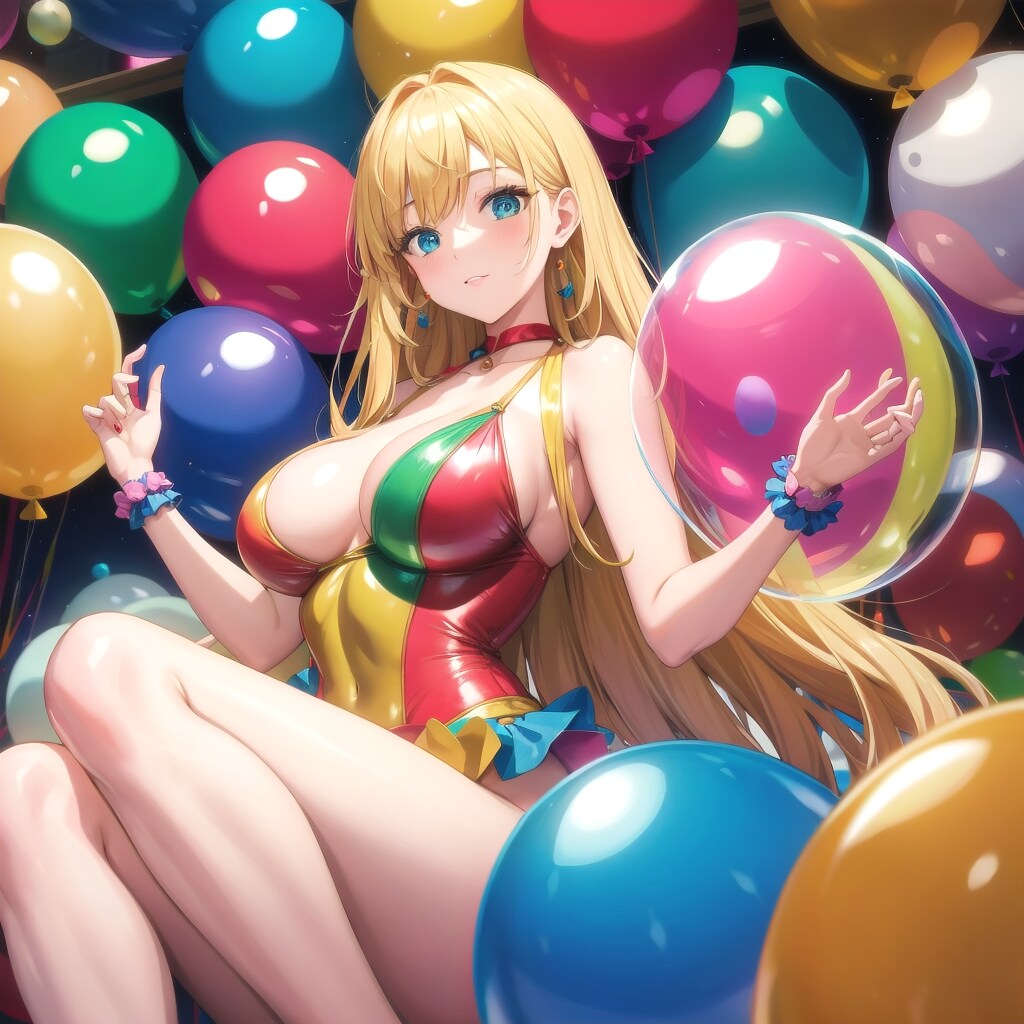 たくさん色とりどりの風船を持つブロンドロングのサーカス団の衣装着た美女