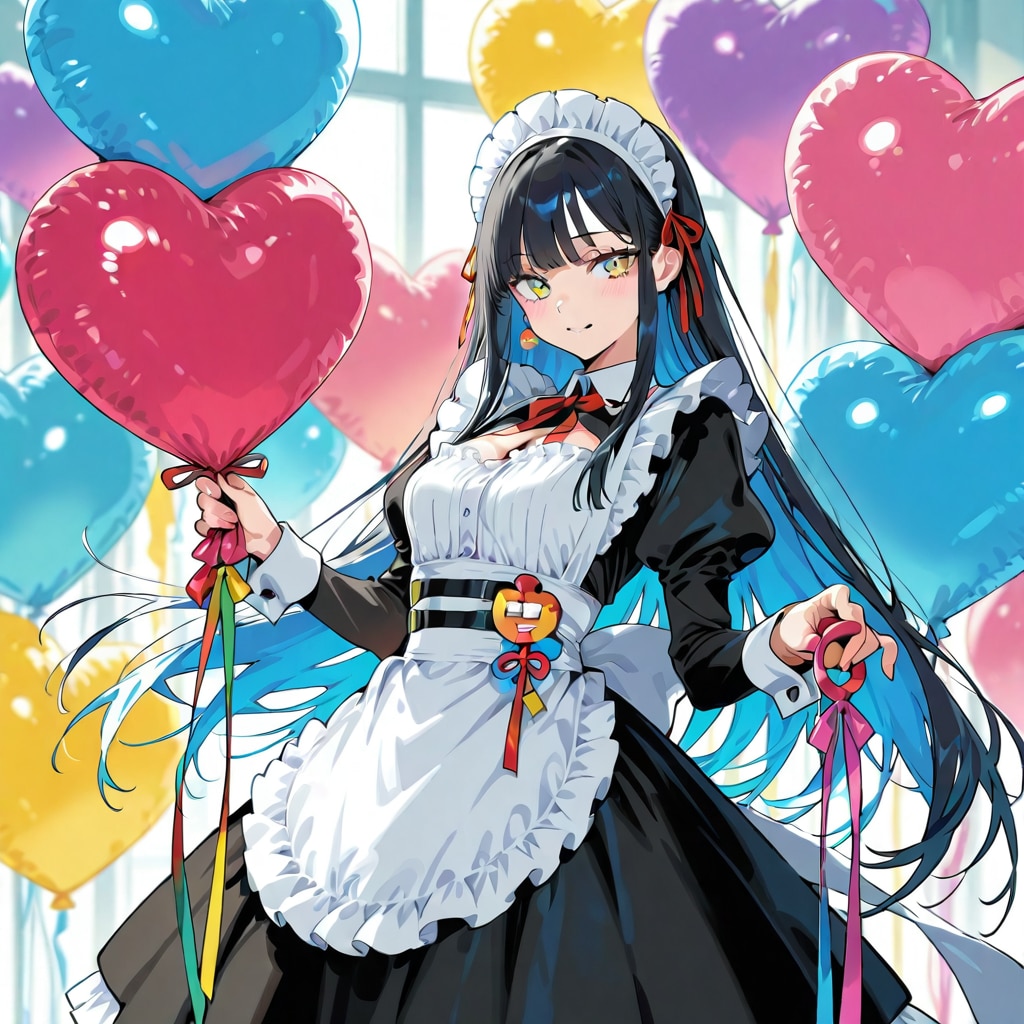色とりどりのハート風船を持つ黒髪ロングのメイド服着た美女 | の人気AIイラスト・グラビア