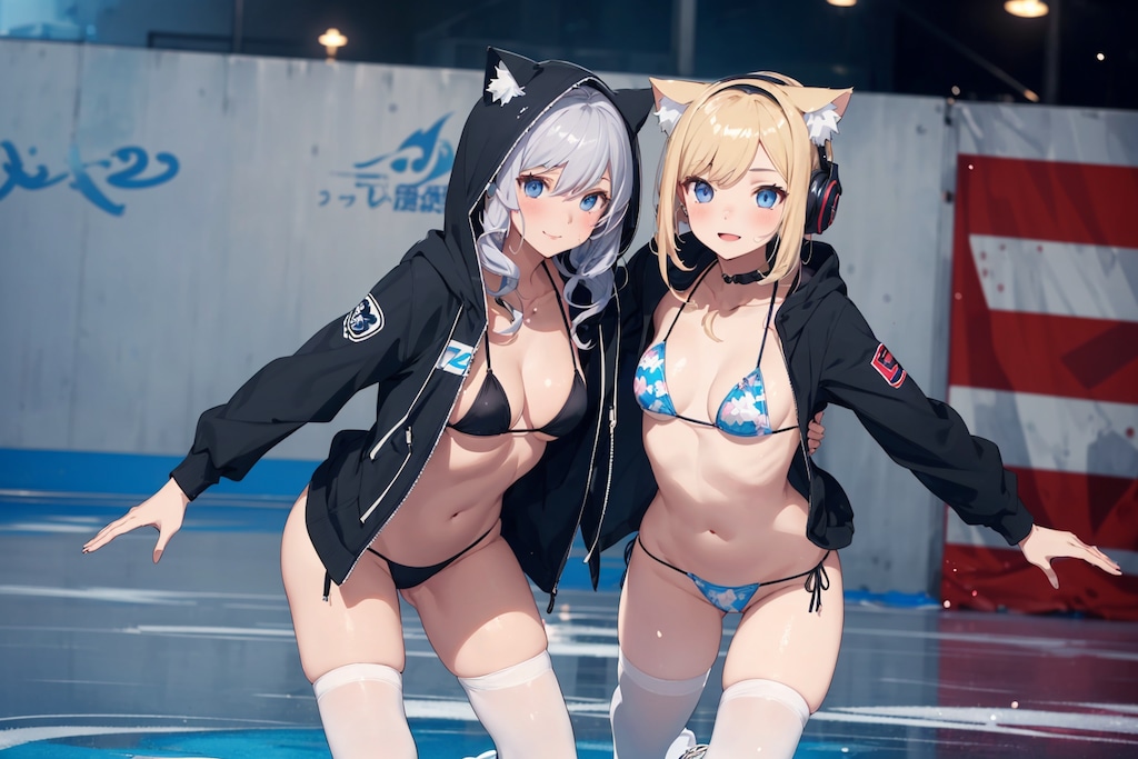 フィギアスケートをするネコ耳パーカーマイクロビキニ少女(ペアの部）