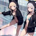 フィギアスケートをするネコ耳パーカーマイクロビキニ少女(ペアの部） 8枚目