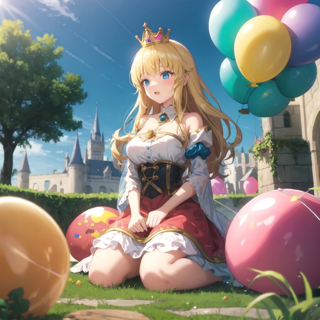 お城の庭でいっぱい風船を膨らませて遊ぶブロンドロングのお姫様