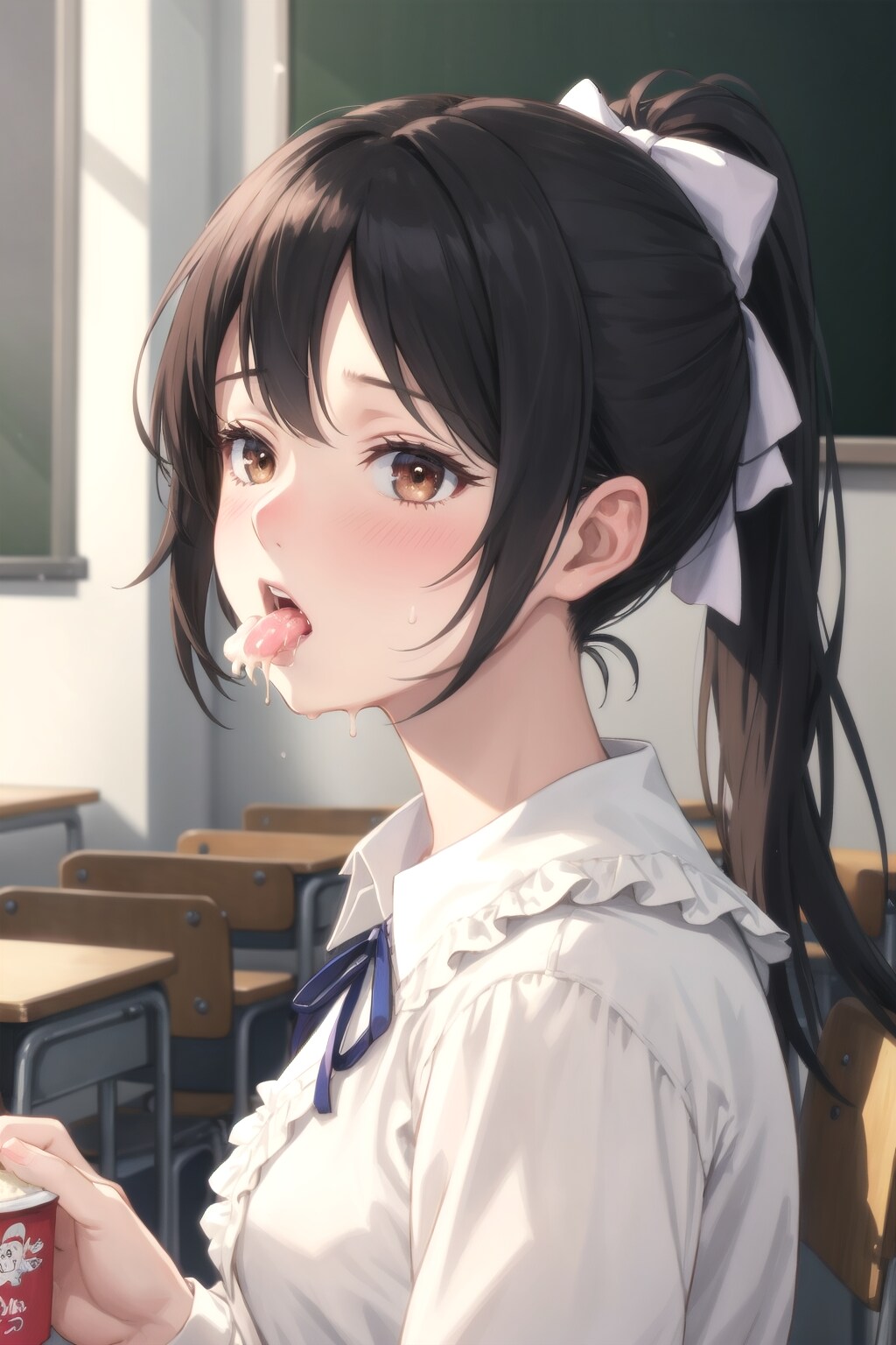 教室でソフトクリームをなめる