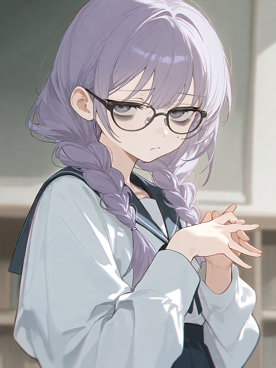 ジト目クマあり三つ編み眼鏡女子