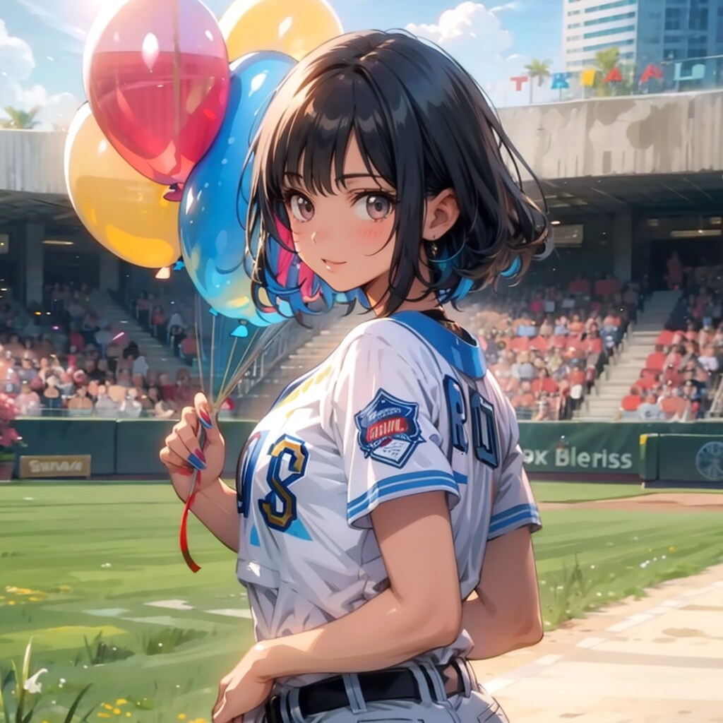 いっぱい色とりどりの風船を持つ黒髪ショートカットの野球ユニフォーム着た美女