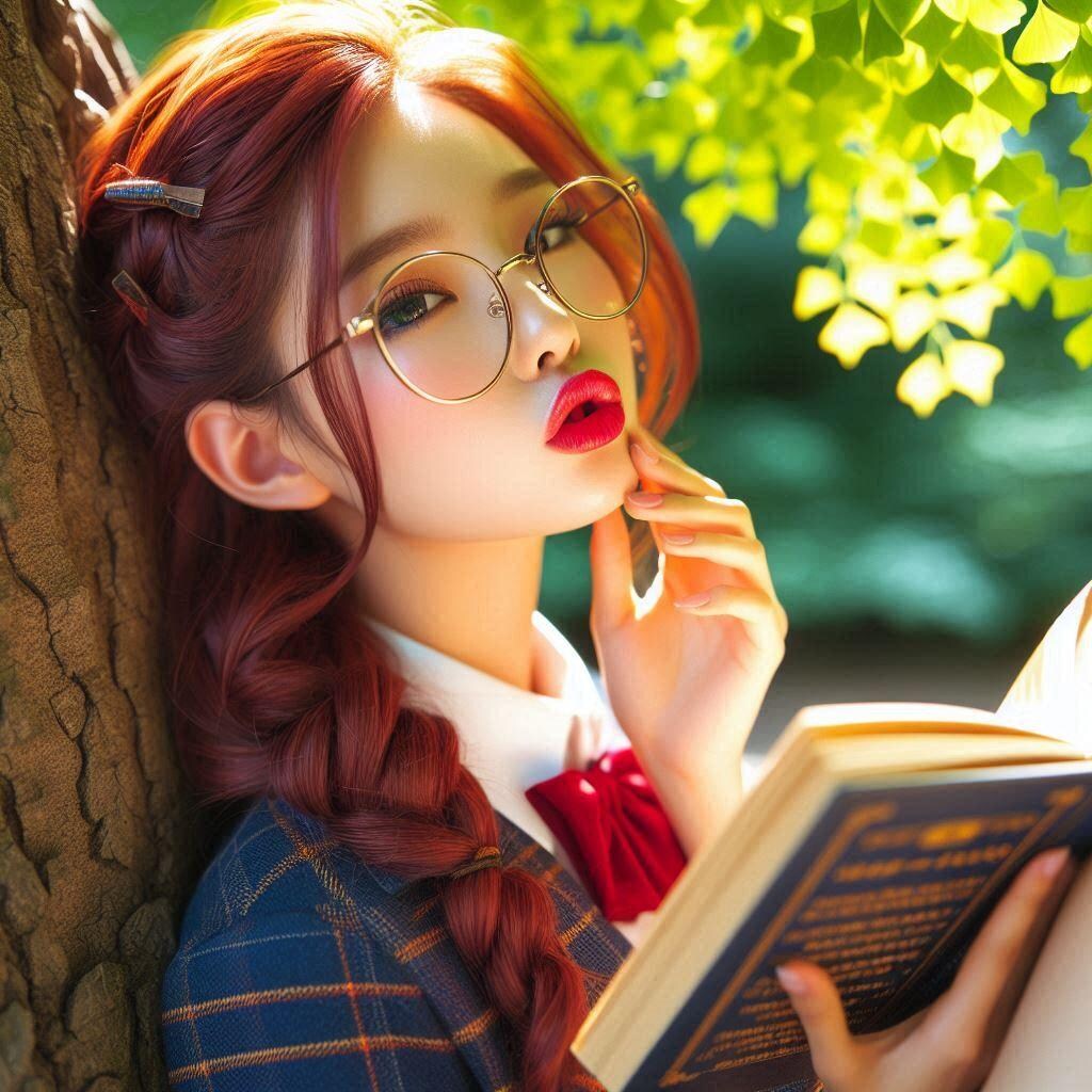 木陰で本を読む眼鏡の子