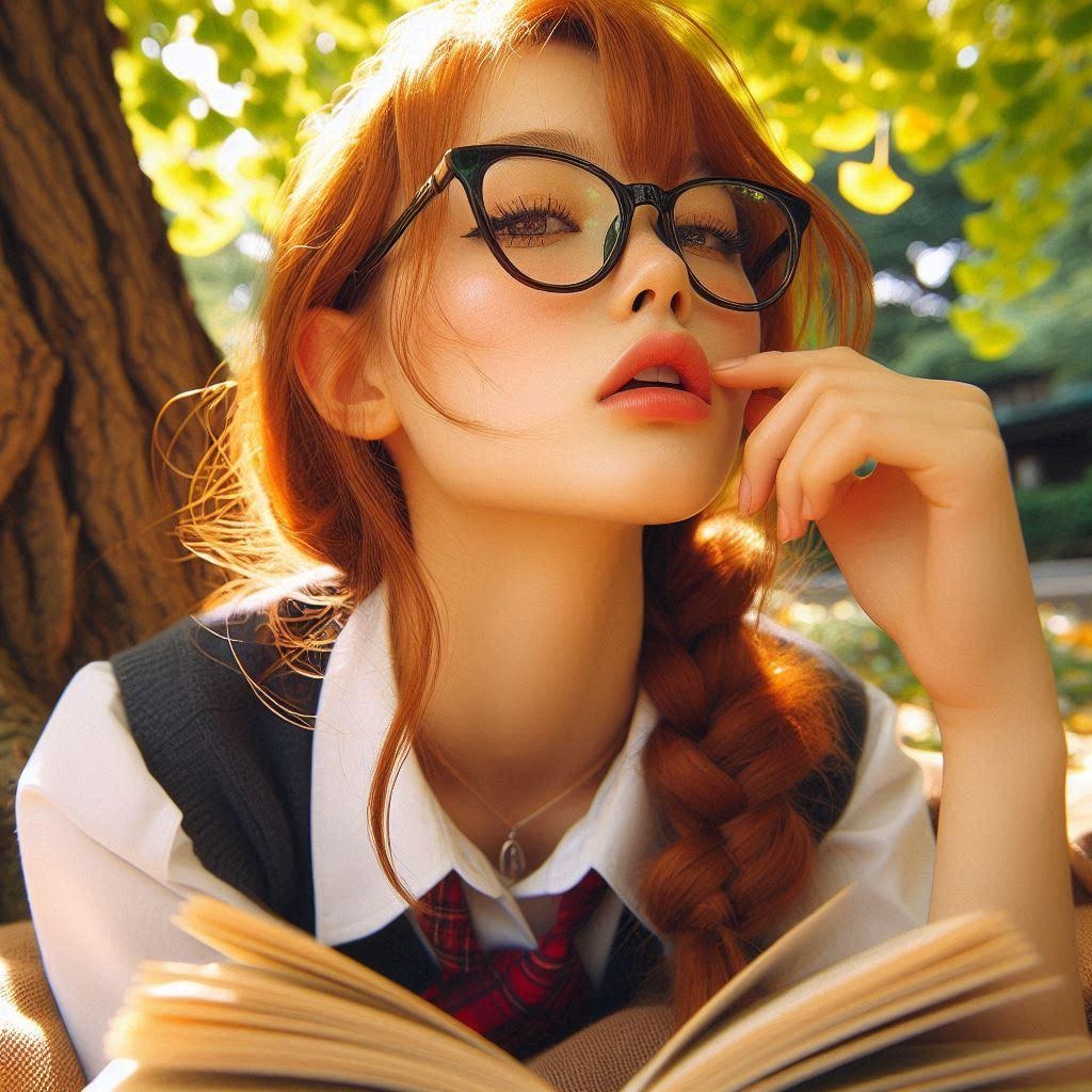 木陰で本を読む眼鏡の子