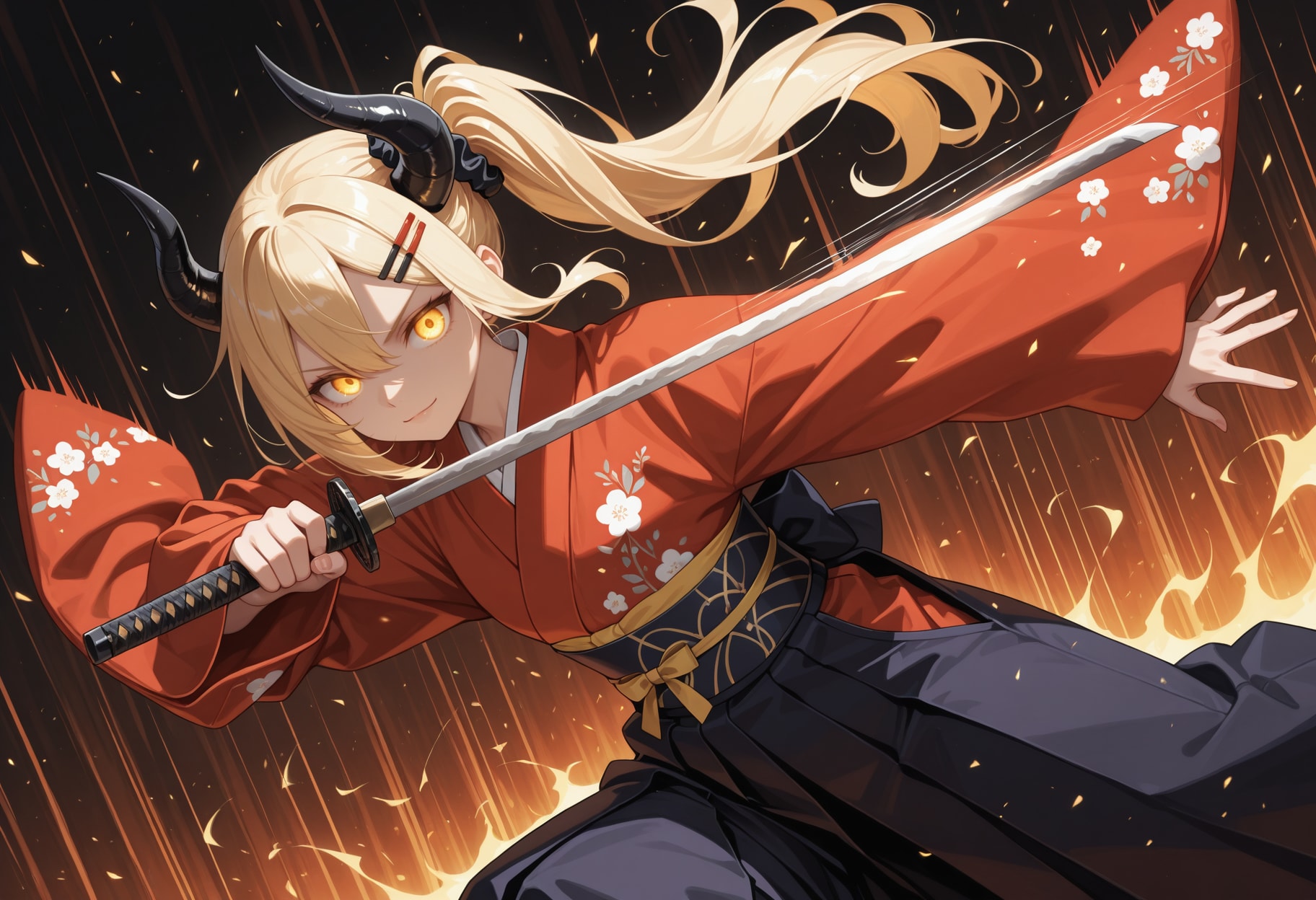 刀を構える着物女鬼高生さん | の人気AIイラスト・グラビア