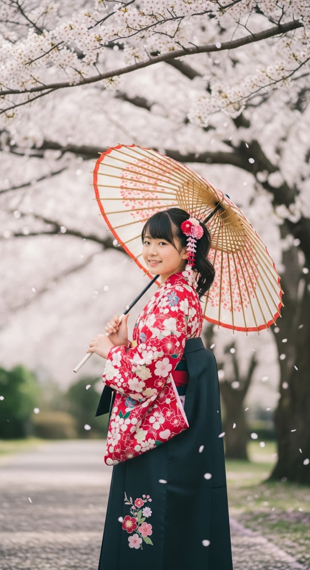 小学校卒業生の袴姿《和傘》