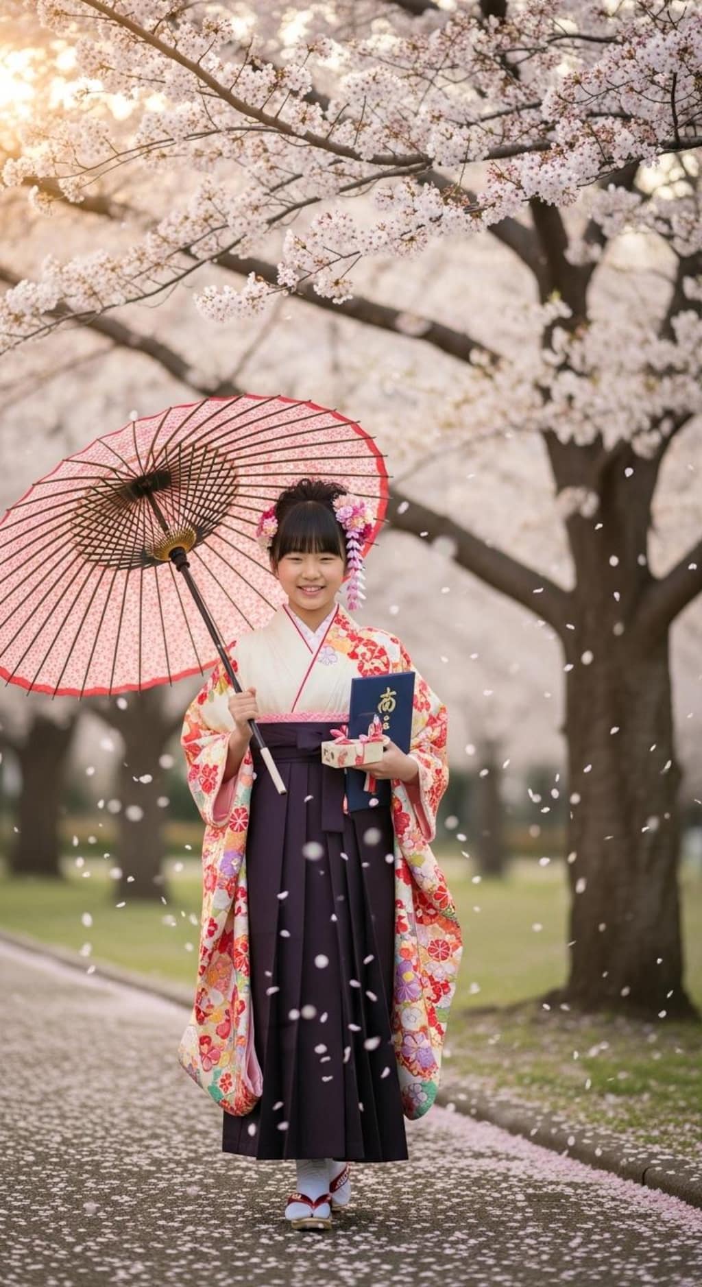 小学校卒業生の袴姿《和傘》