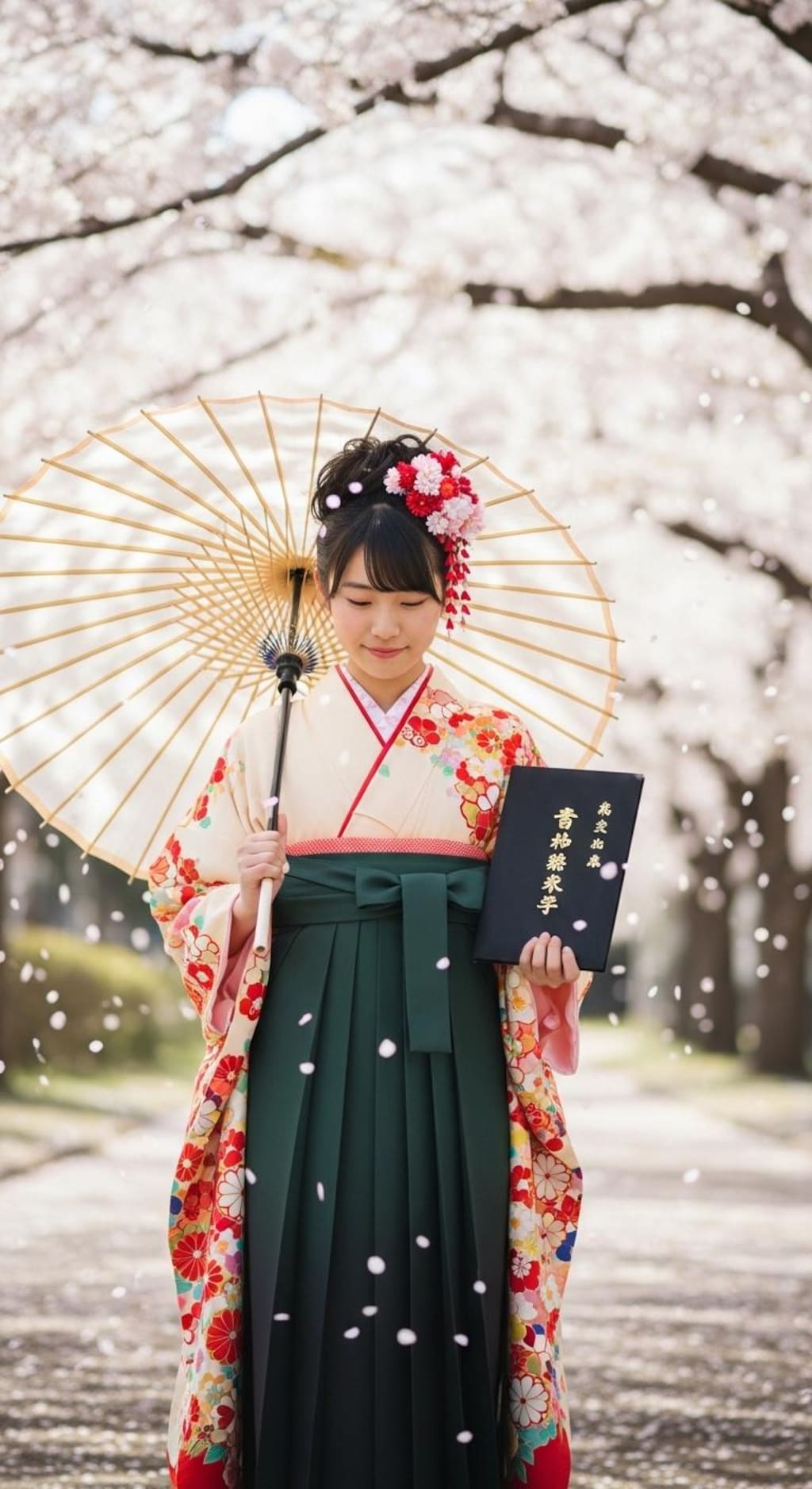 小学校卒業生の袴姿《和傘》