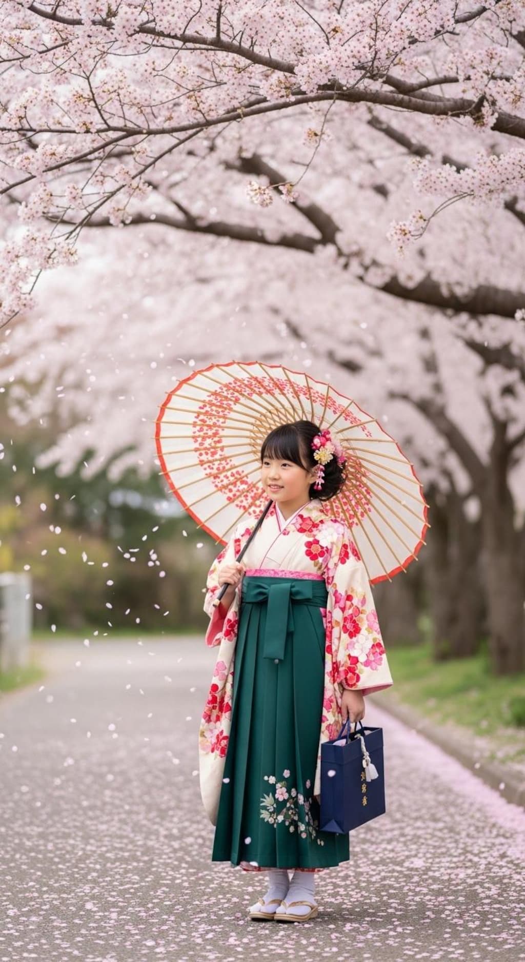 小学校卒業生の袴姿《和傘》