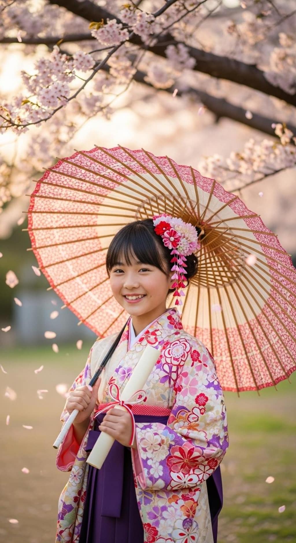 小学校卒業生の袴姿《和傘》