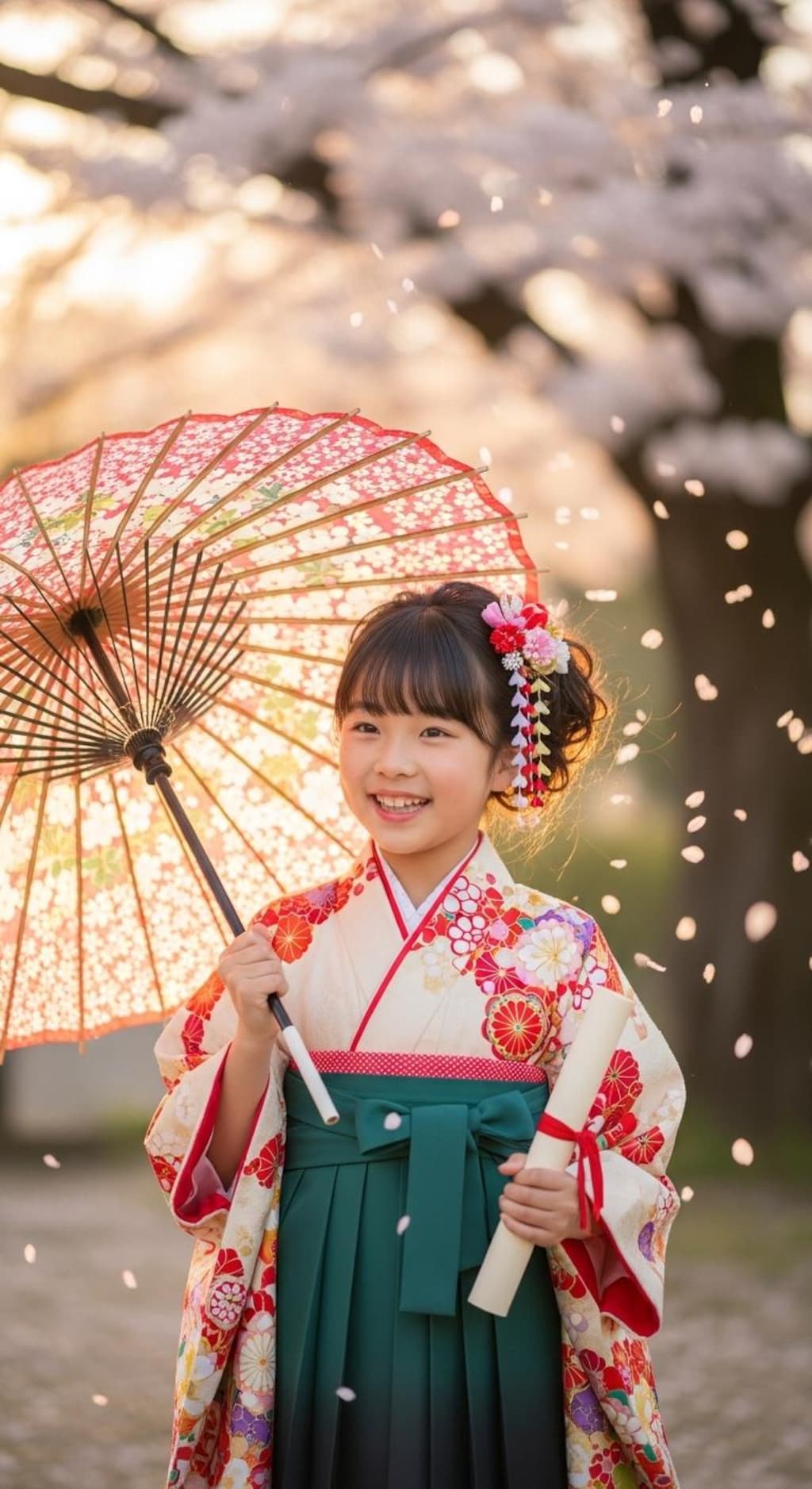 小学校卒業生の袴姿《和傘》