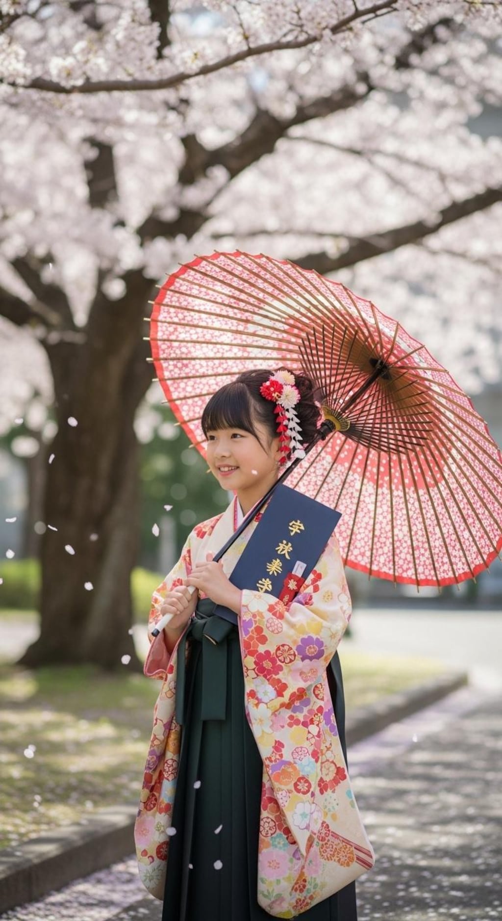 小学校卒業生の袴姿《和傘》