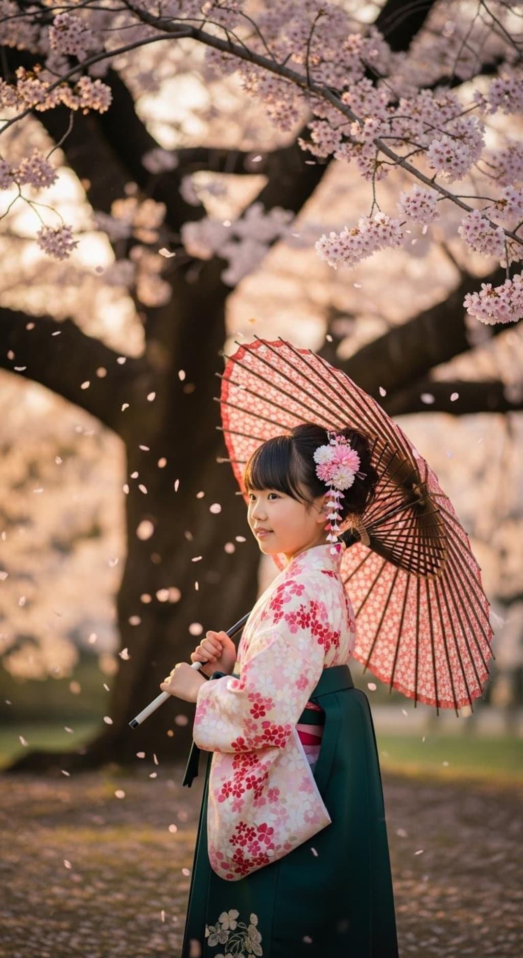 小学校卒業生の袴姿《和傘》