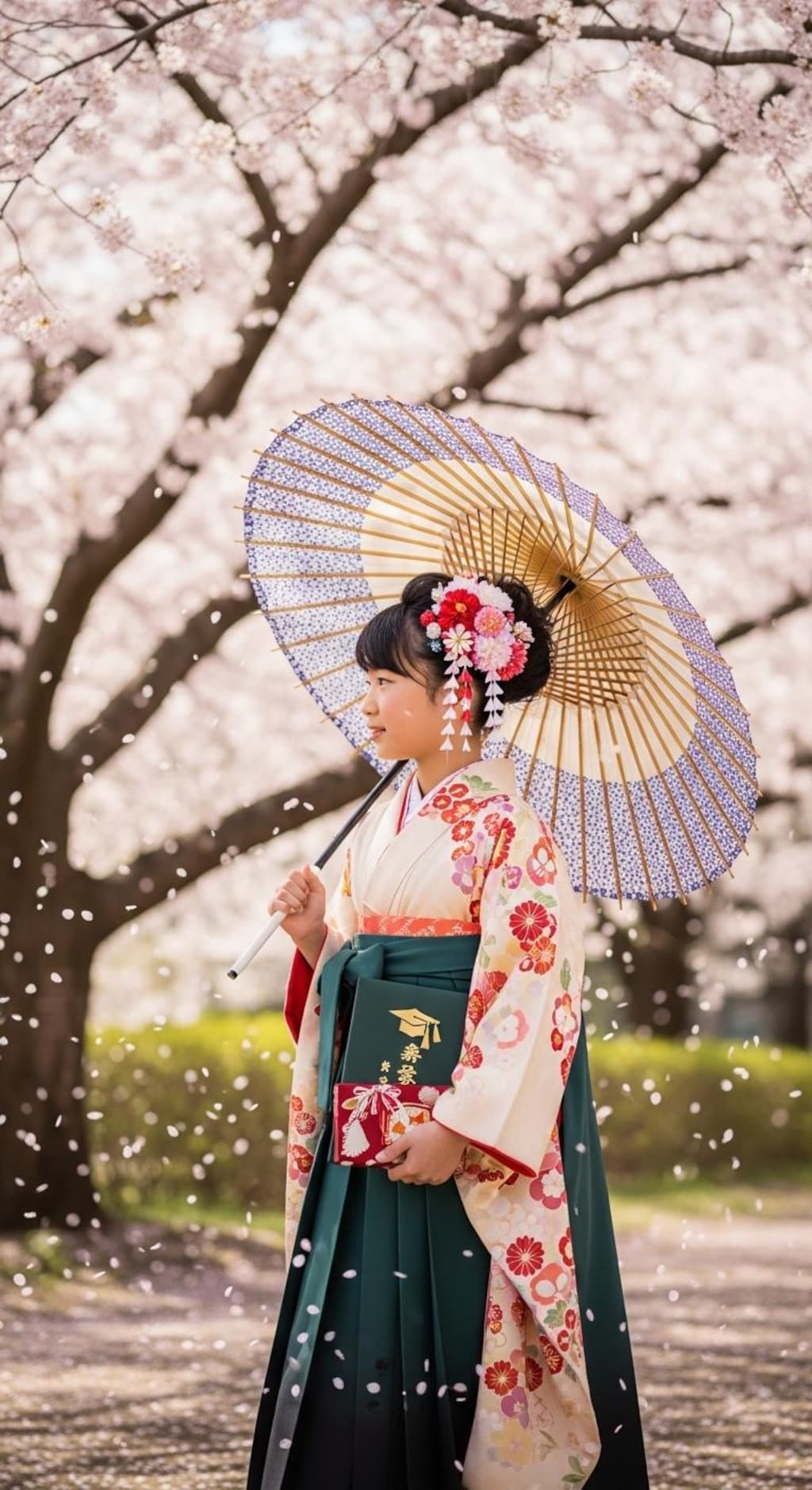 小学校卒業生の袴姿《和傘》