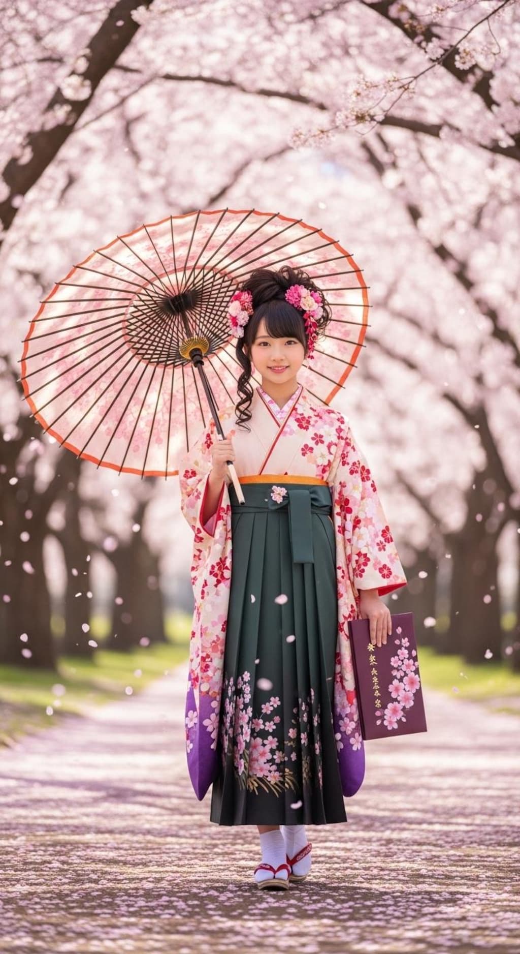 小学校卒業生の袴姿《和傘》