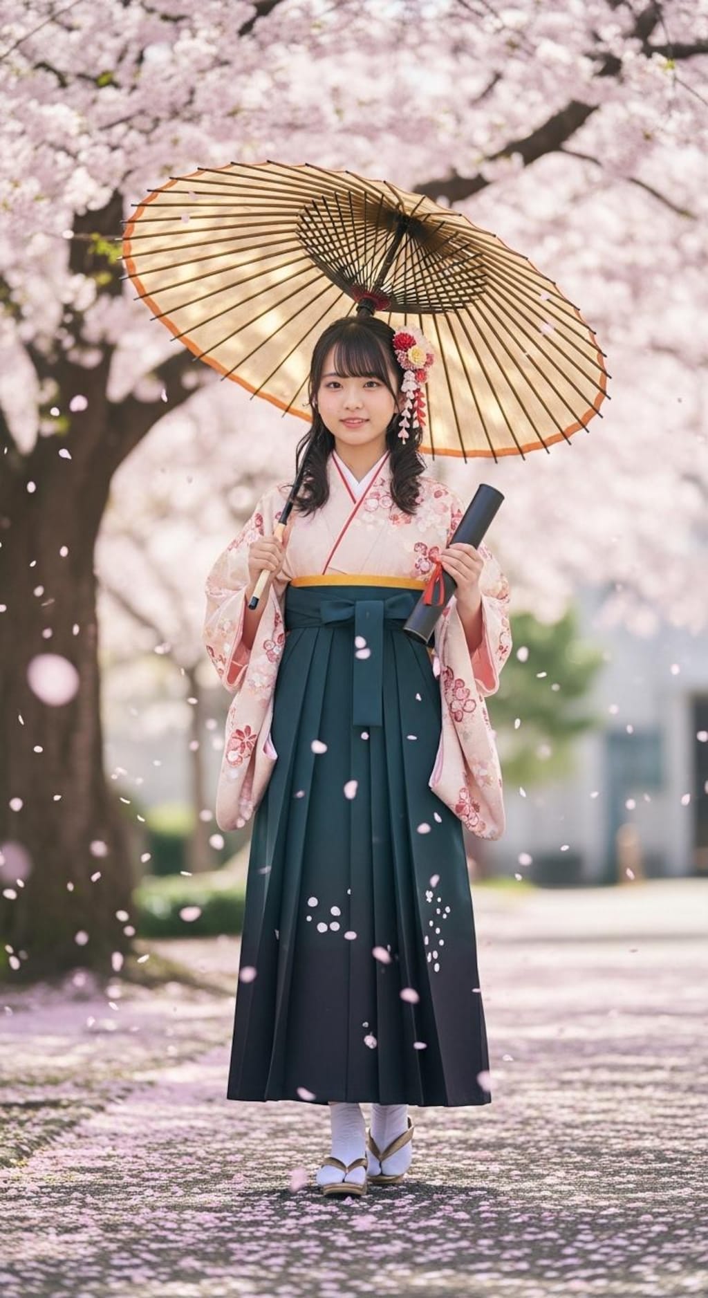 小学校卒業生の袴姿《和傘》