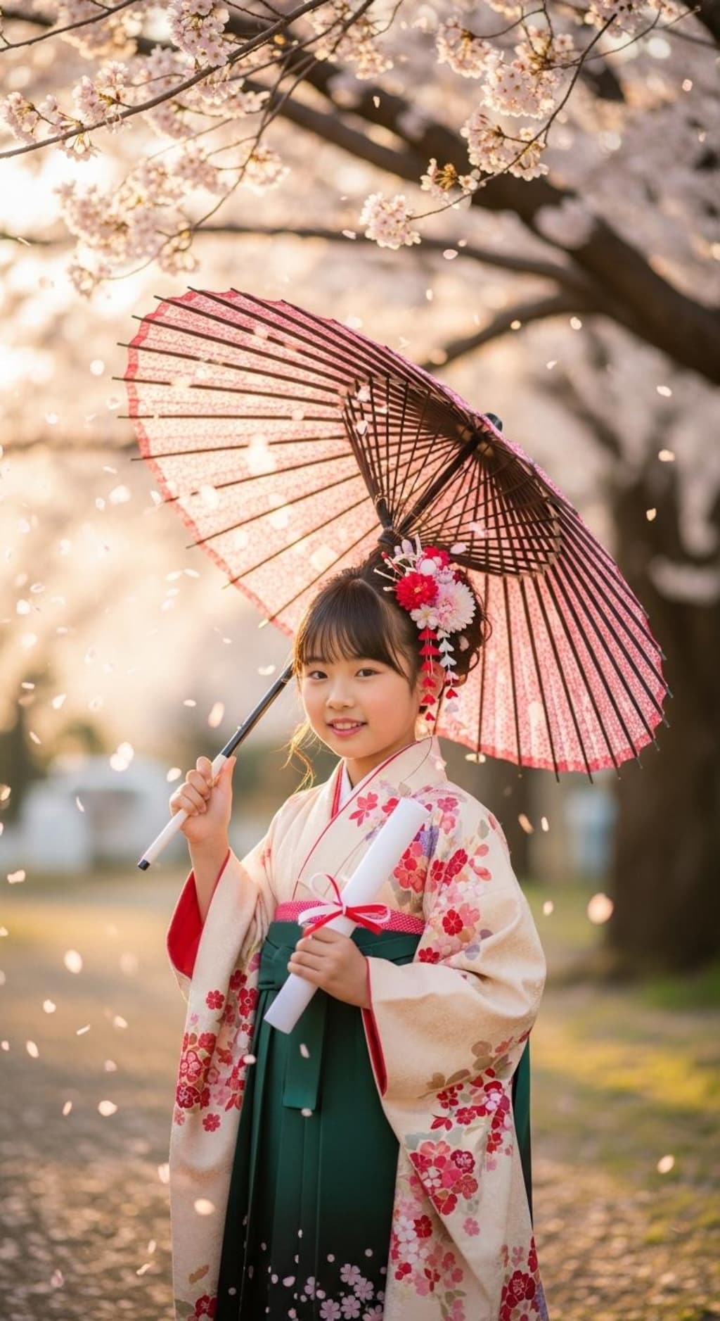 小学校卒業生の袴姿《和傘》