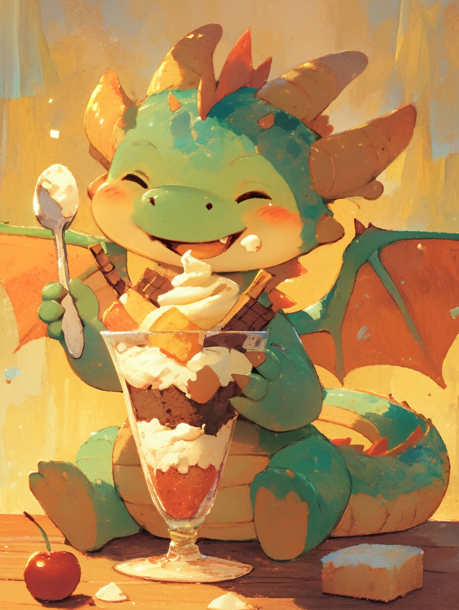 パフェを食べるドラゴンのこども | の人気AIイラスト・グラビア