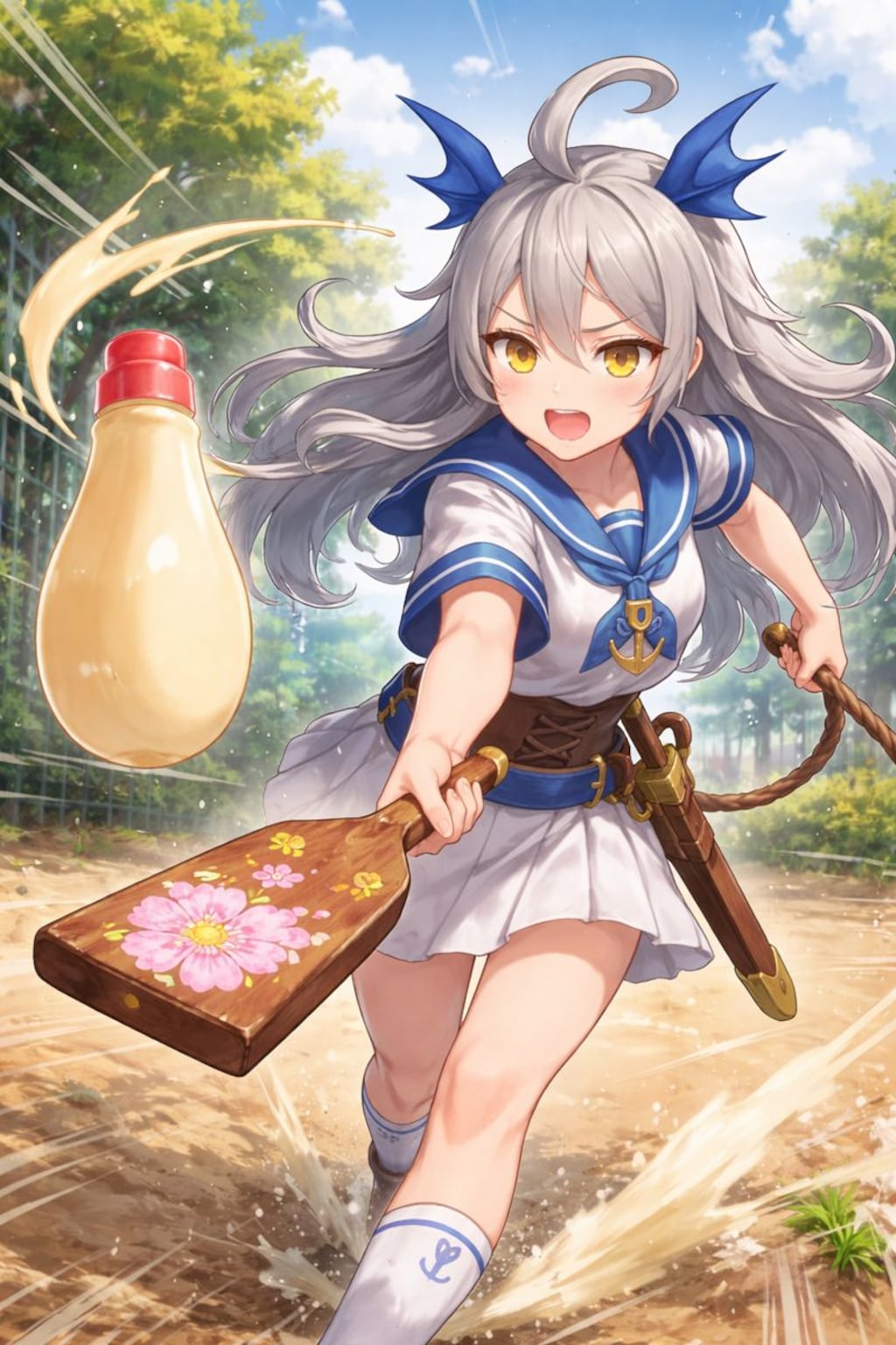 課金して新しく取得したスキルを使ってマヨネーズで羽子板をする少女