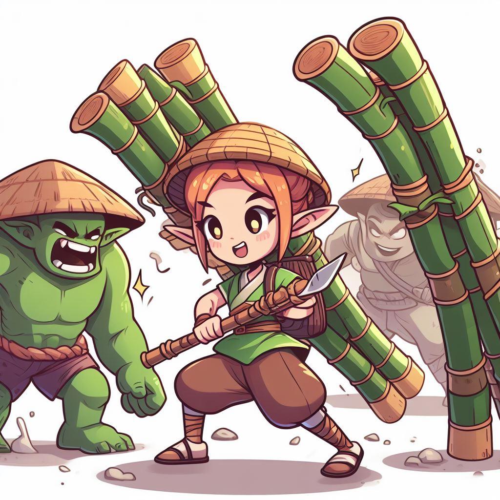 ゴブリンと対峙するバンブーエルフ