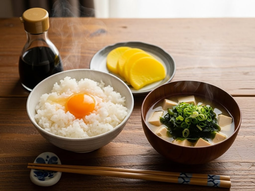 摩訶不思議食堂の卵かけ御飯と味噌汁沢庵付き